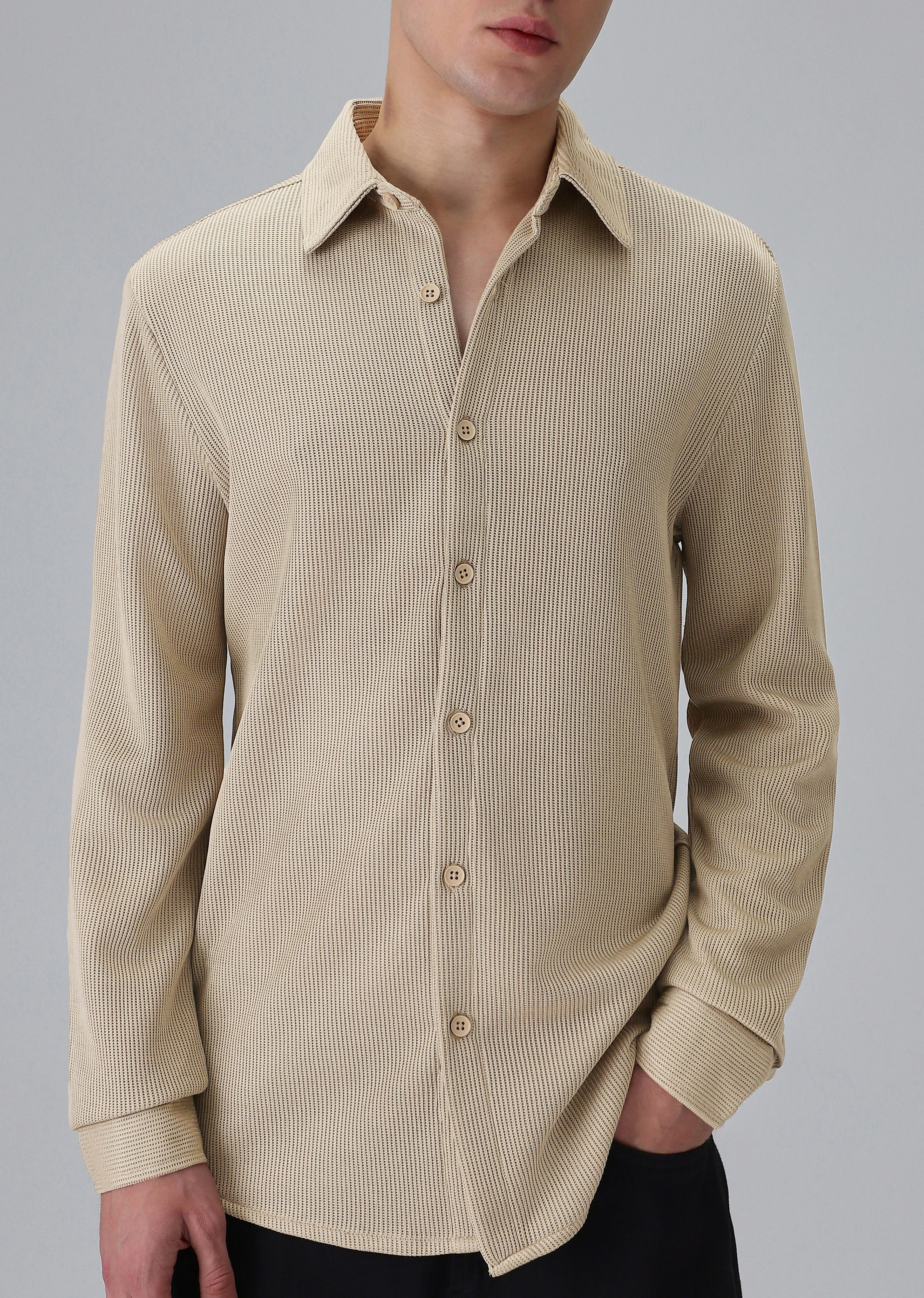 Beige Plain Knitted Shirt - Image 7