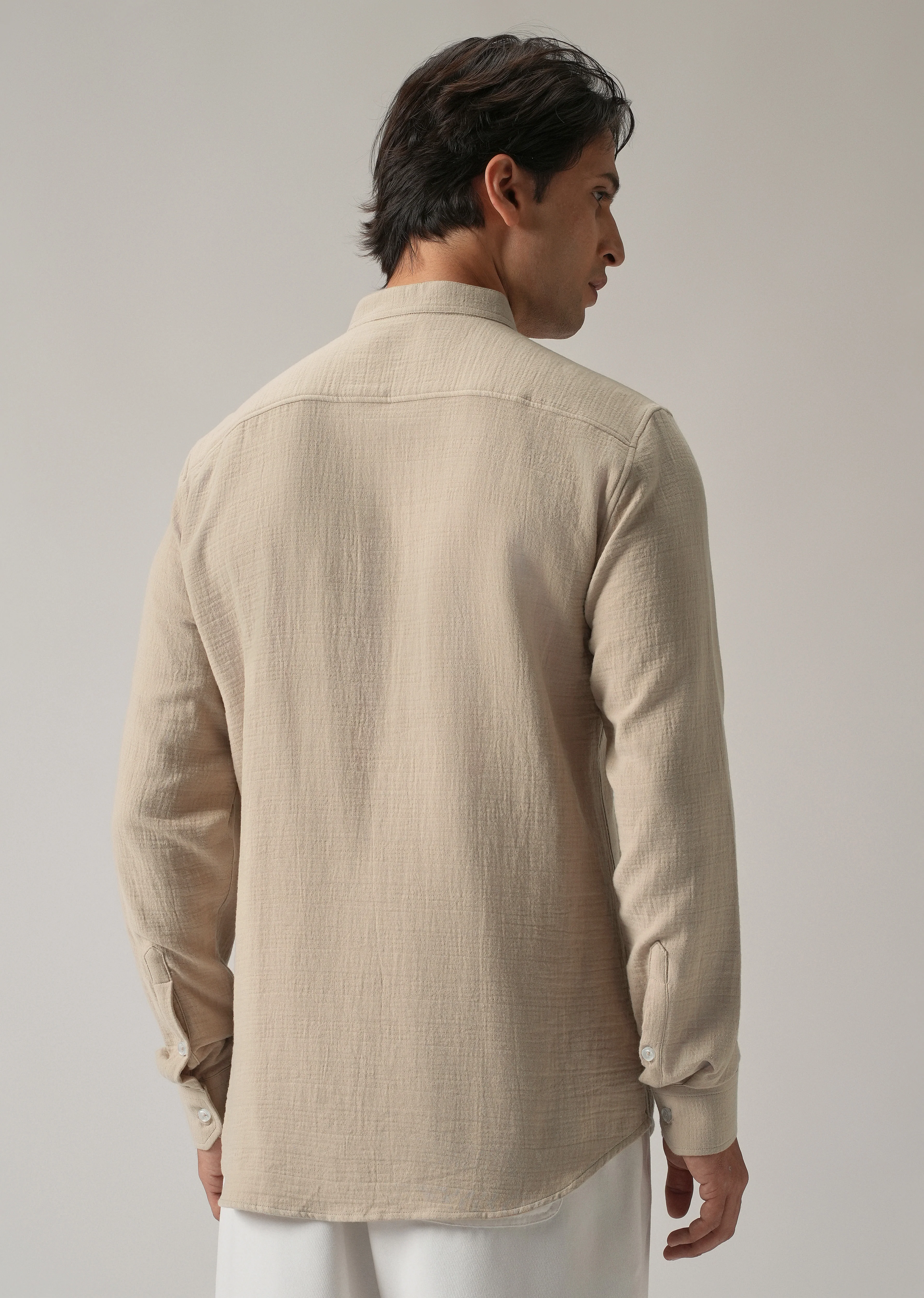 Beige Plain Mandarin Collar Cotton Shirt - Image 2
