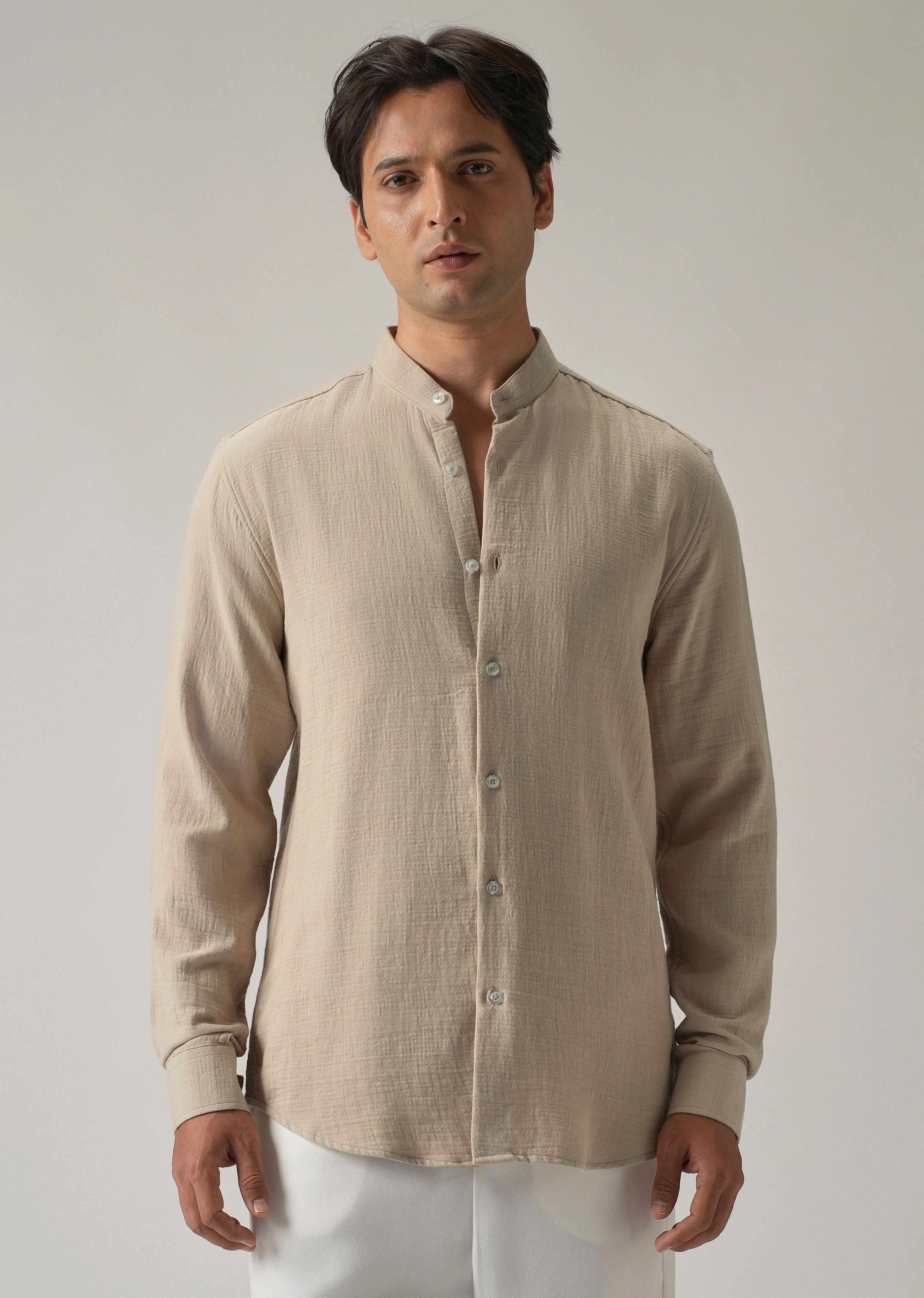 Beige Plain Mandarin Collar Cotton Shirt - Image 3