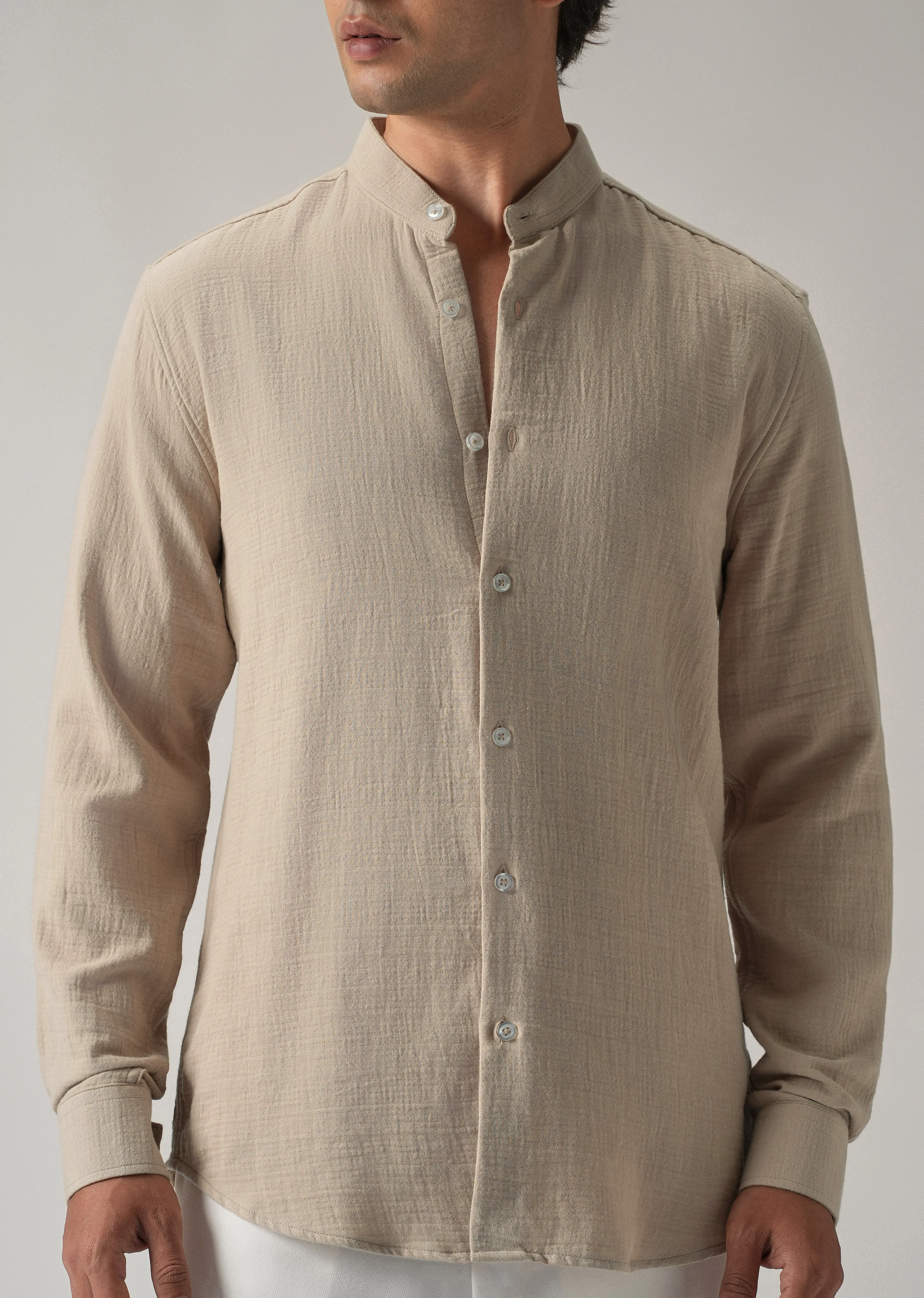 Beige Plain Mandarin Collar Cotton Shirt - Image 7