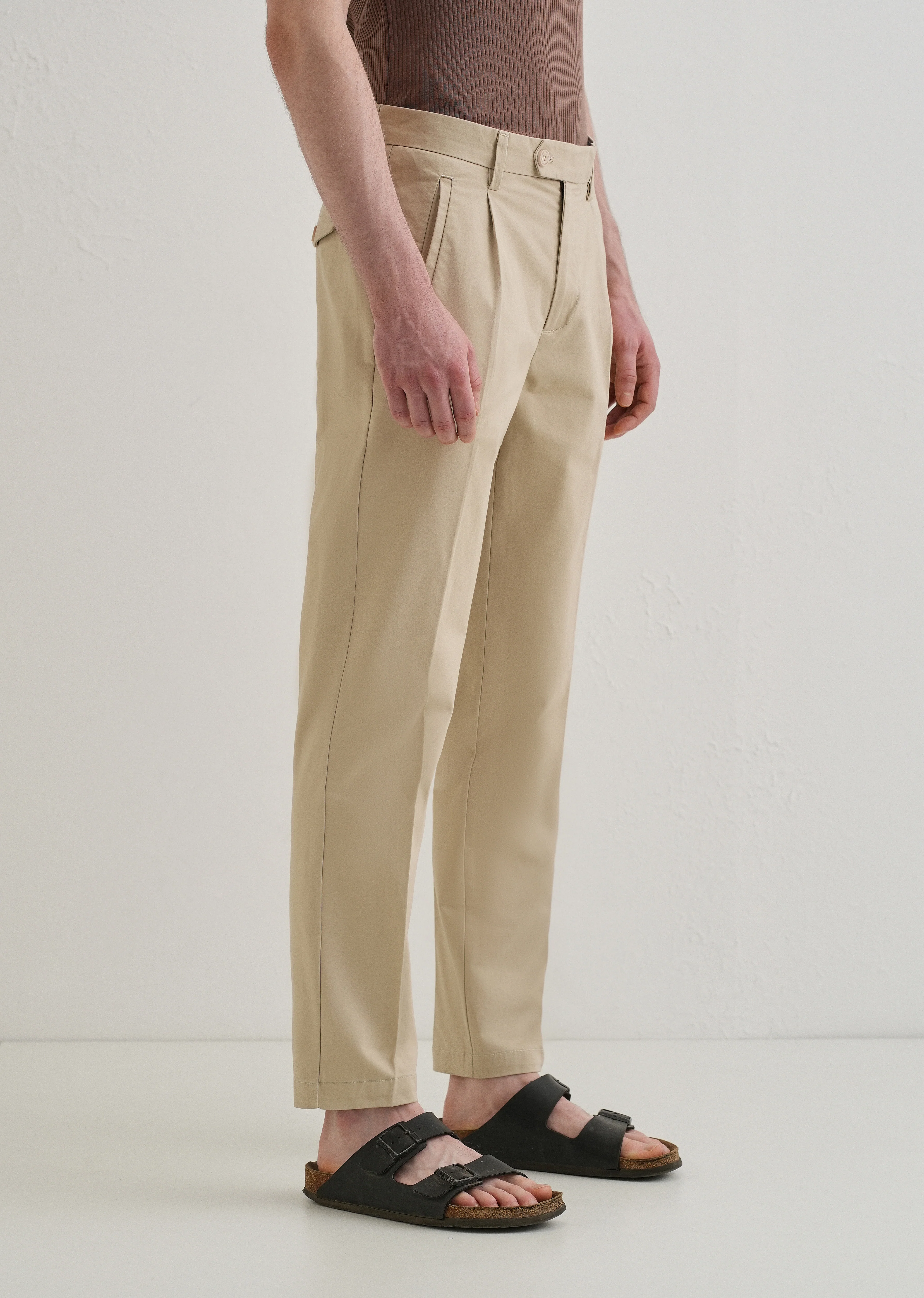 Beige Plain Pleated Chinos - Image 4