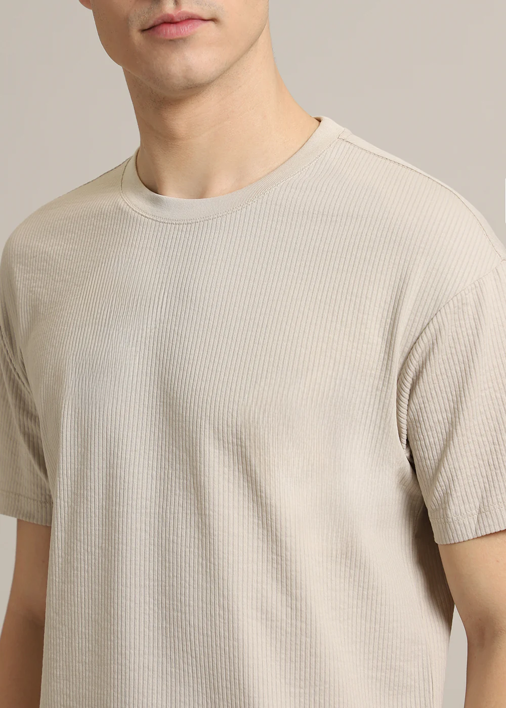 Beige Plain Ribbed Stripe Regular Fit T-shirt - Image 2