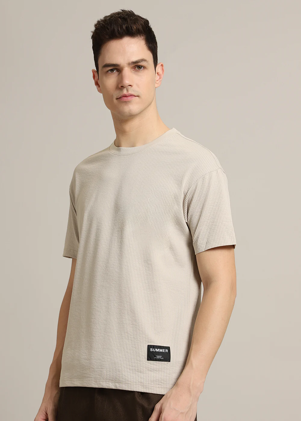 Beige Plain Ribbed Stripe Regular Fit T-shirt - Image 3
