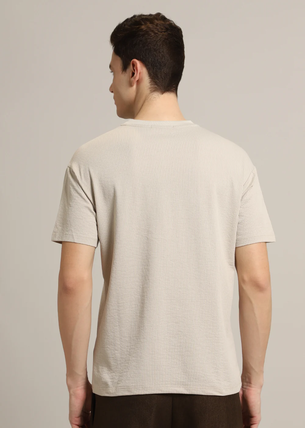 Beige Plain Ribbed Stripe Regular Fit T-shirt - Image 4