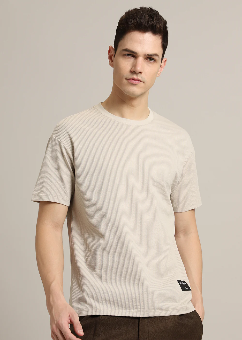 Beige Plain Ribbed Stripe Regular Fit T-shirt - Image 5