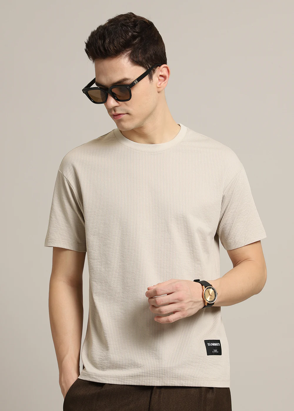 Beige Plain Ribbed Stripe Regular Fit T-shirt - Image 6