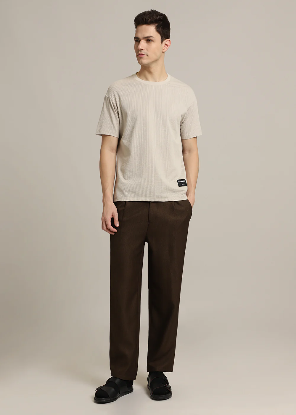 Beige Plain Ribbed Stripe Regular Fit T-shirt - Image 7