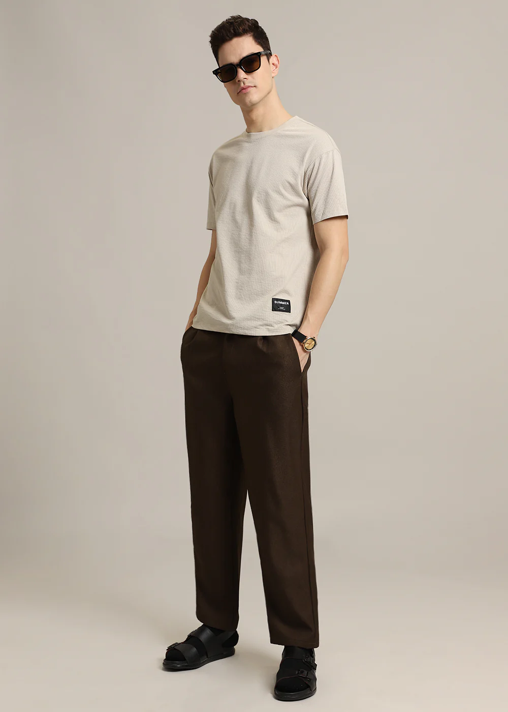 Beige Plain Ribbed Stripe Regular Fit T-shirt - Image 8