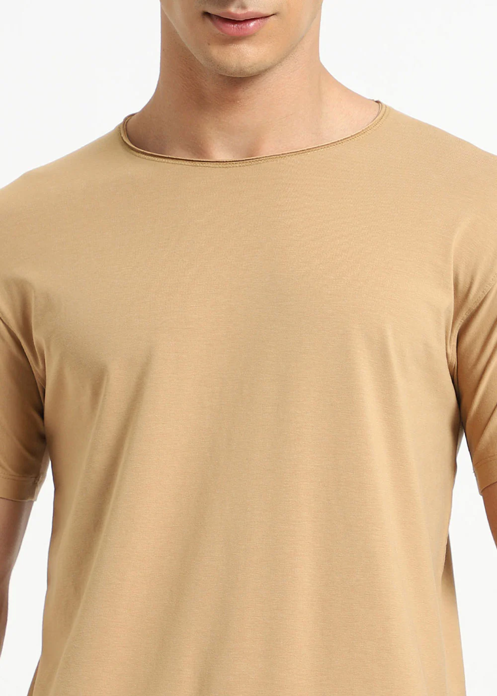Beige Plain Round Neck T-shirt - Image 3