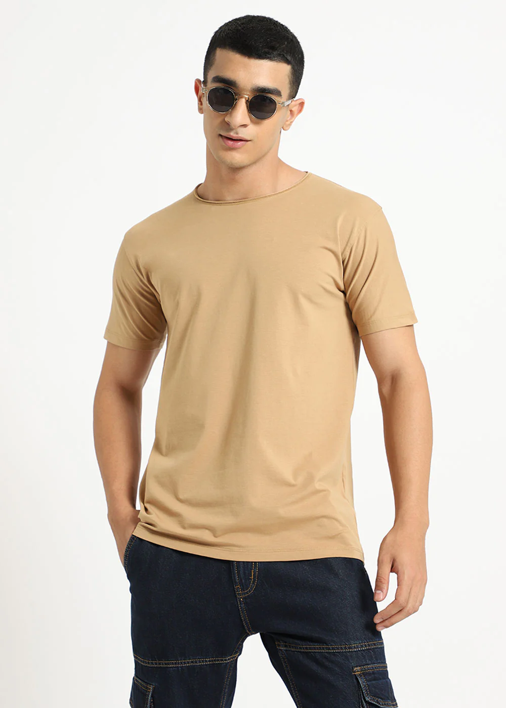 Beige Plain Round Neck T-shirt - Image 5