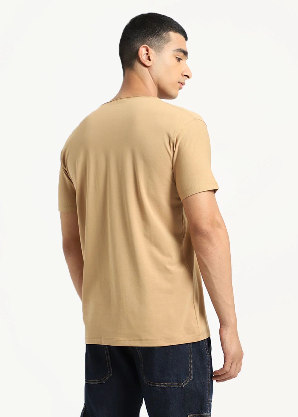 Beige Plain Round Neck T-shirt - Image 6