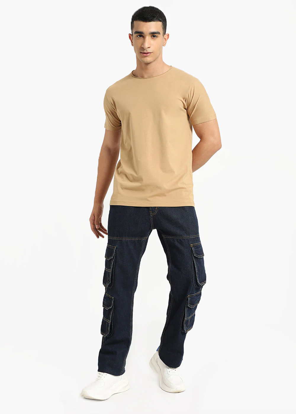 Beige Plain Round Neck T-shirt - Image 8