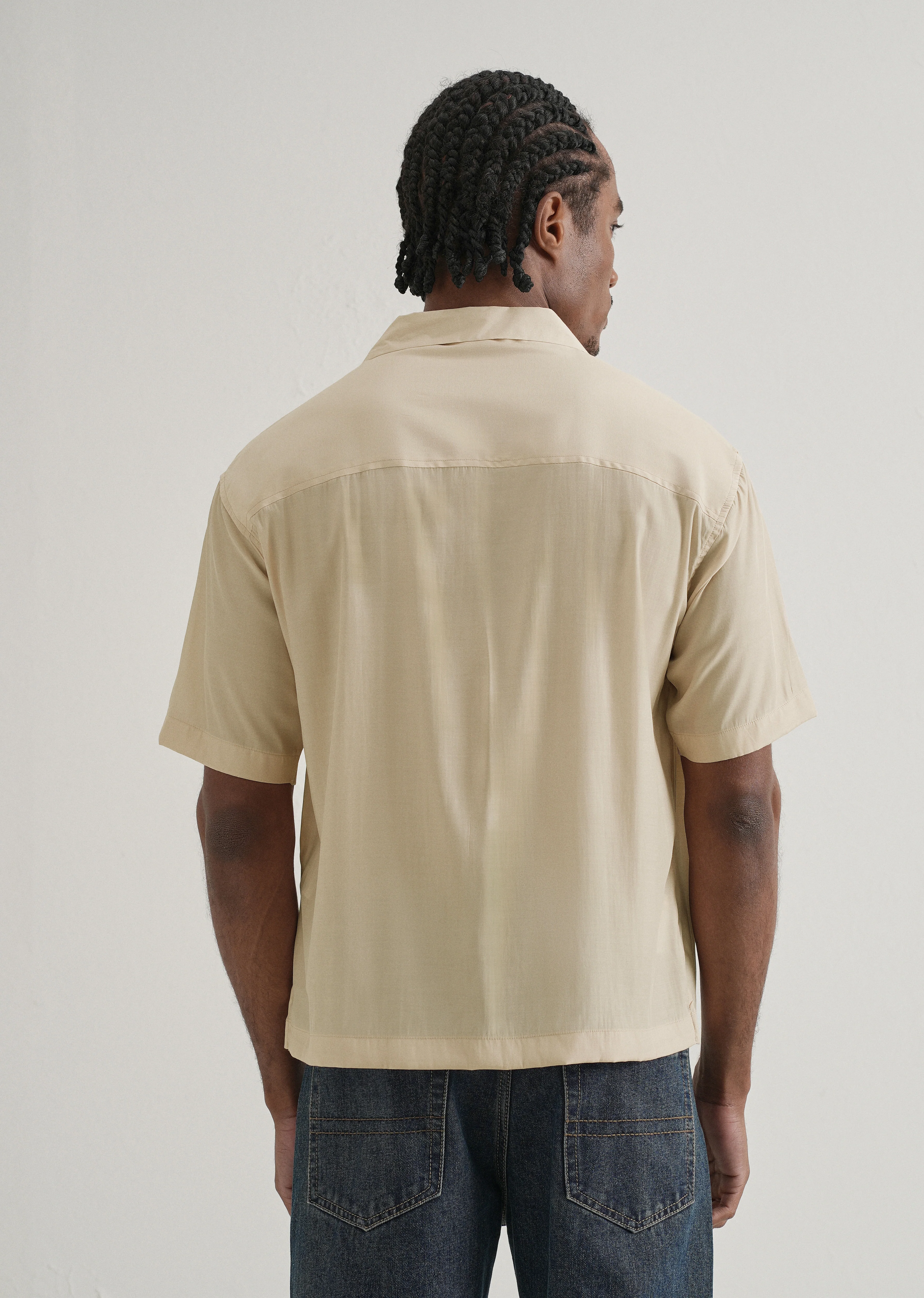Beige Plain Sheen Cuban Collar Shirt - Image 2