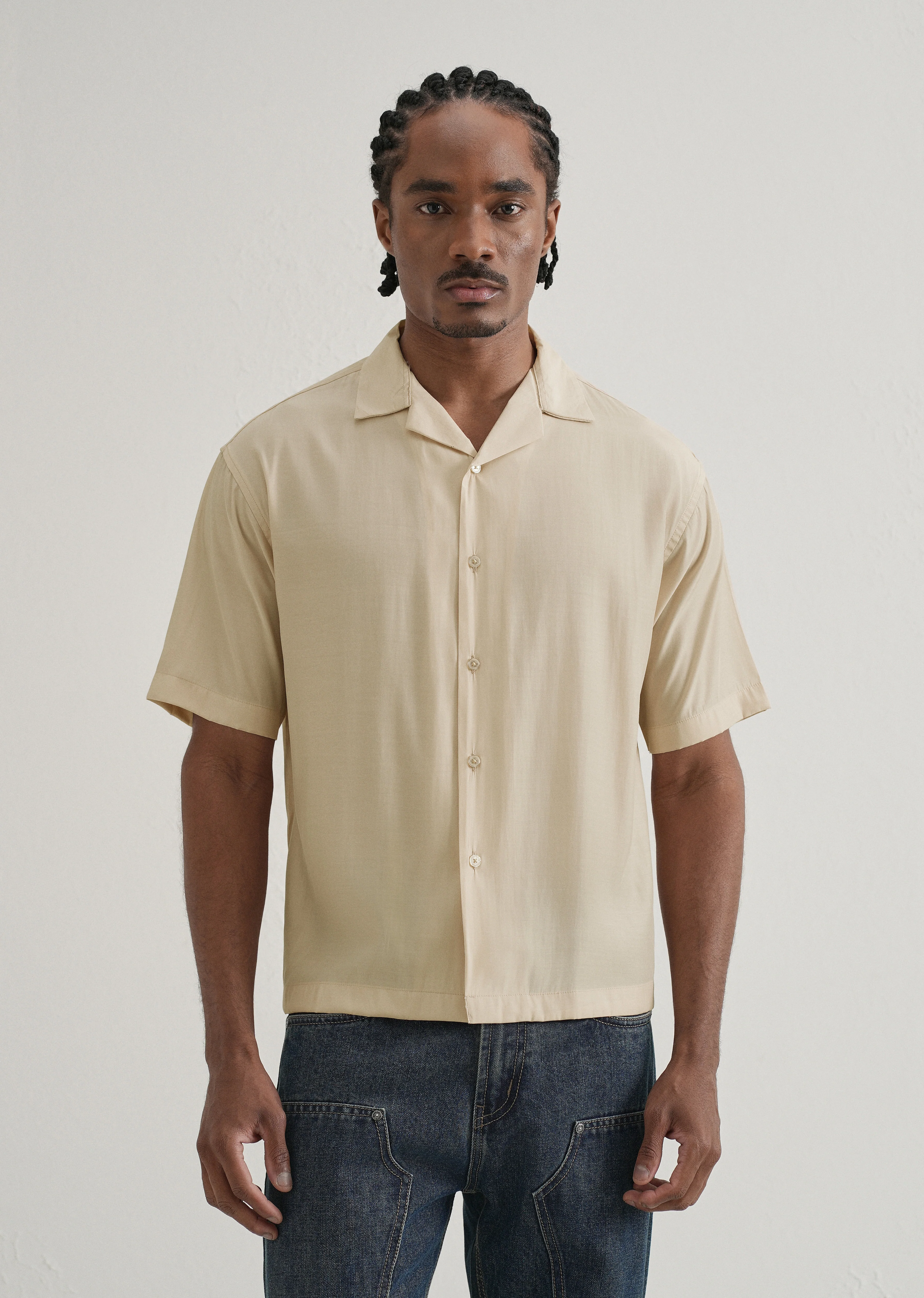 Beige Plain Sheen Cuban Collar Shirt - Image 3