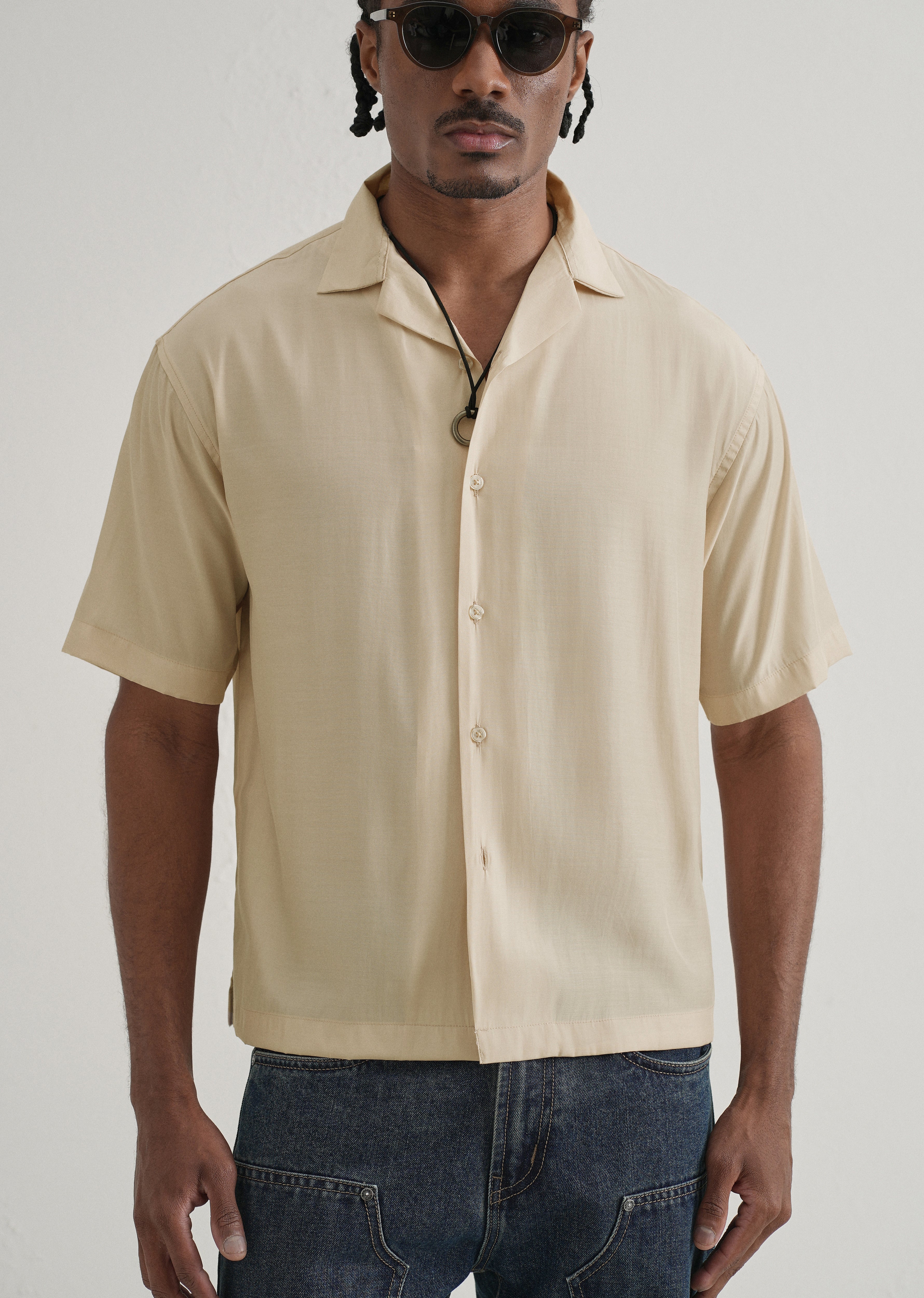 Beige Plain Sheen Cuban Collar Shirt - Image 7