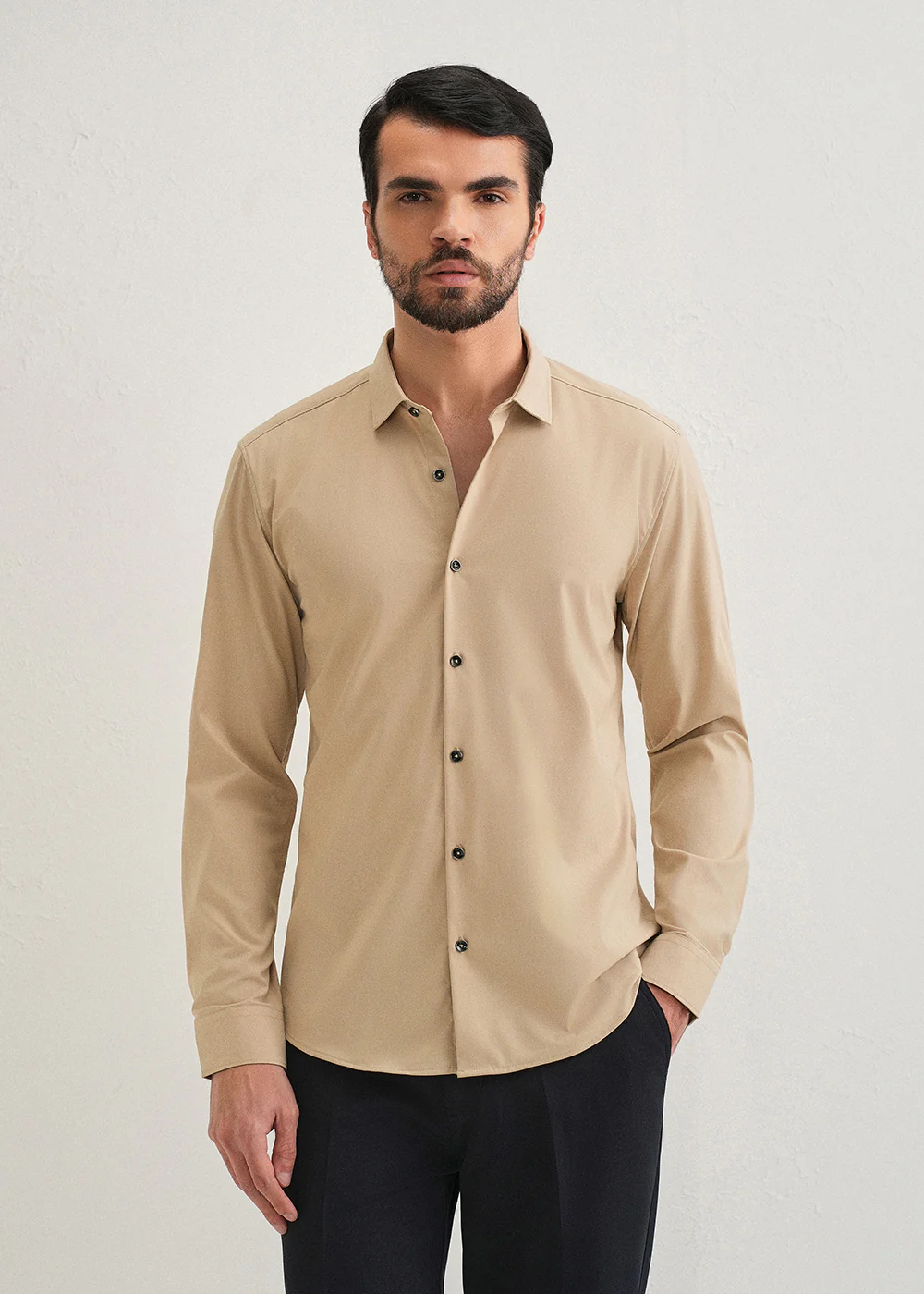 Beige Plain Wrinkle Free Shirt - Image 3