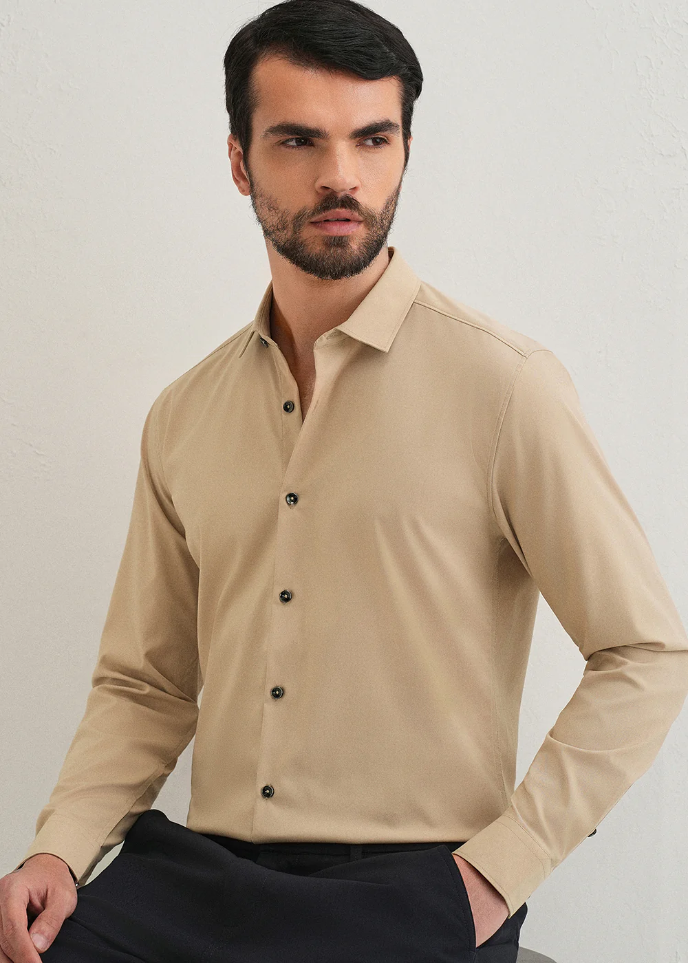 Beige Plain Wrinkle Free Shirt - Image 7