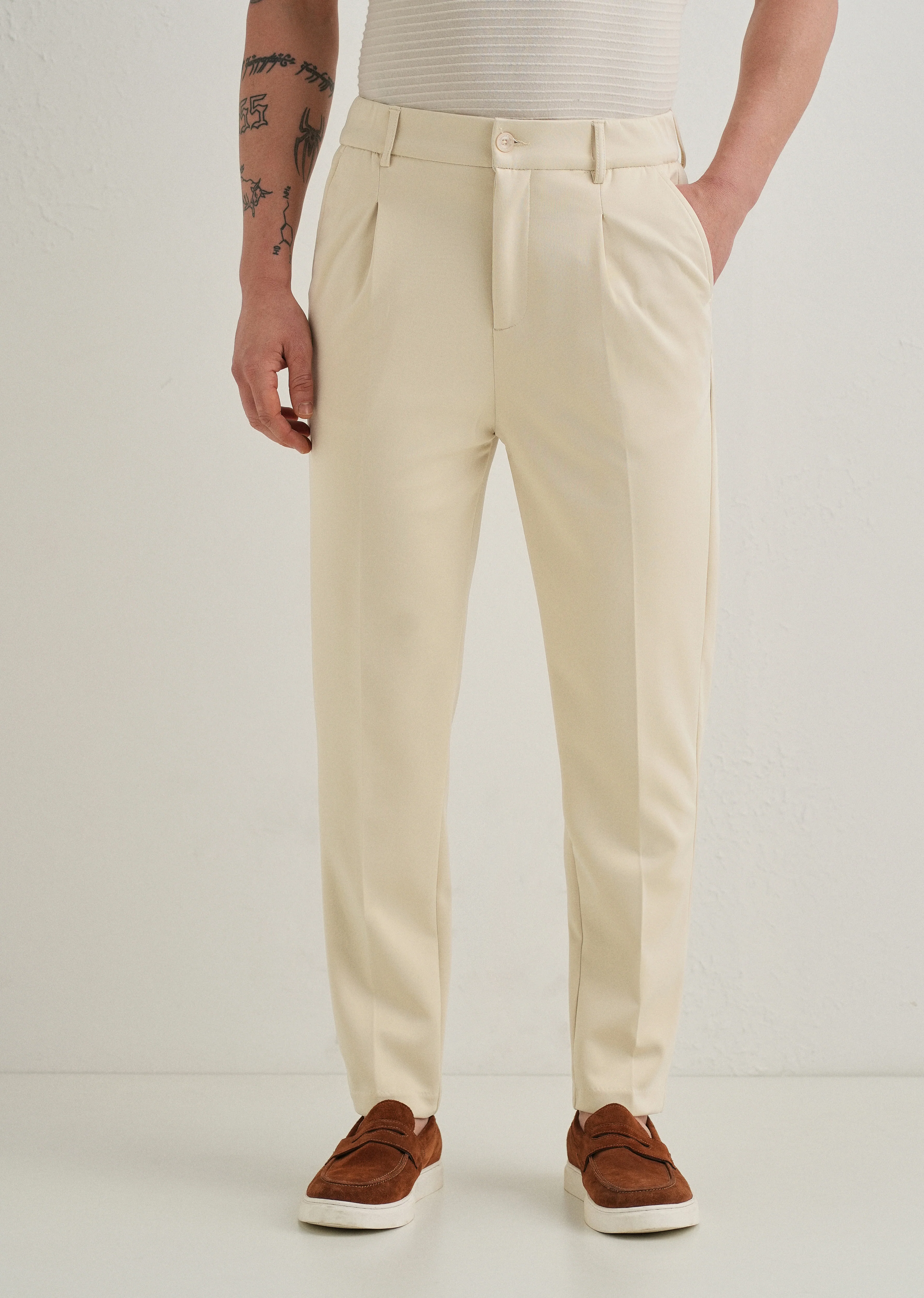 Beige Pleated Relaxed Fit Trousers - Image 4