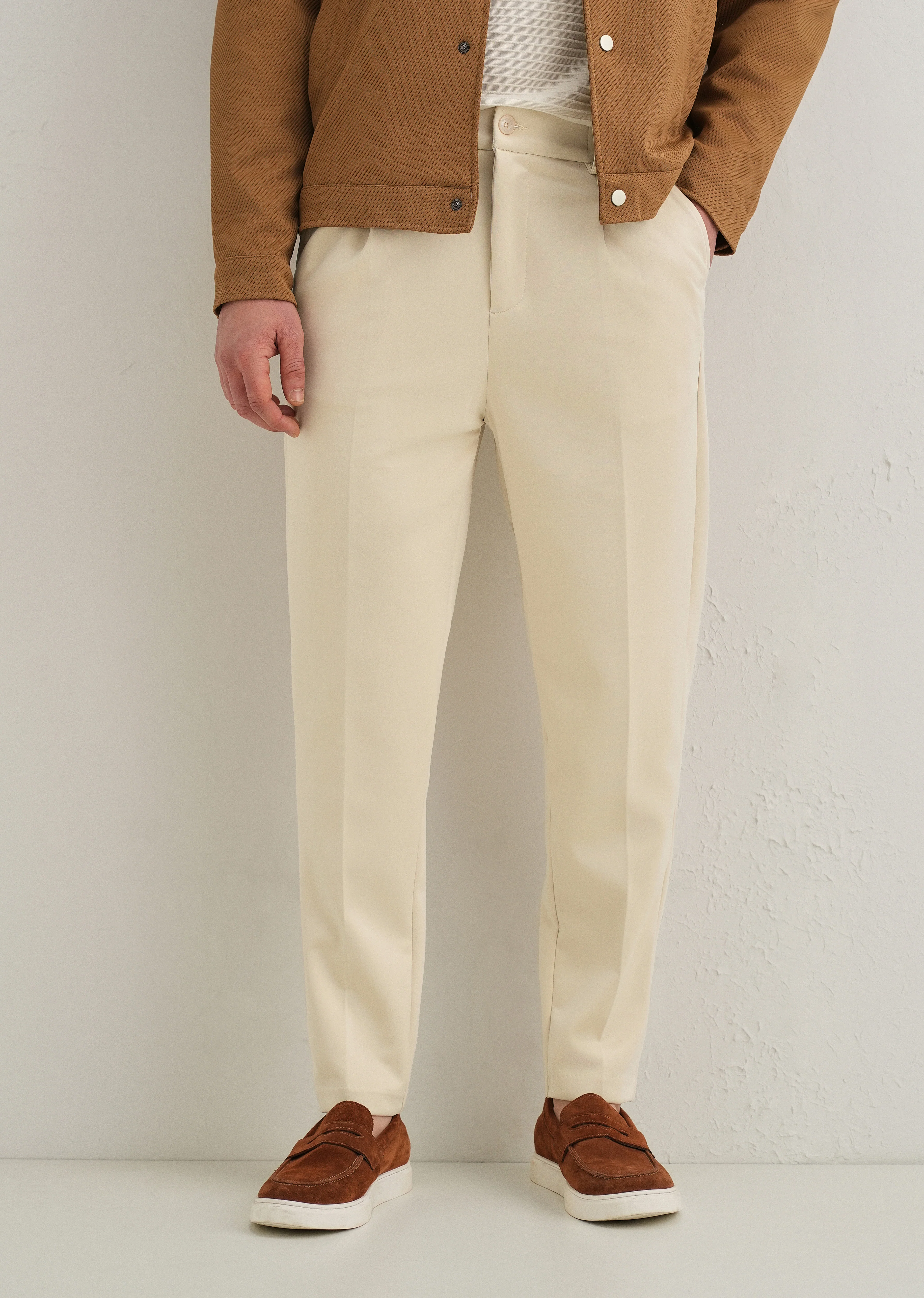 Beige Pleated Relaxed Fit Trousers - Image 7
