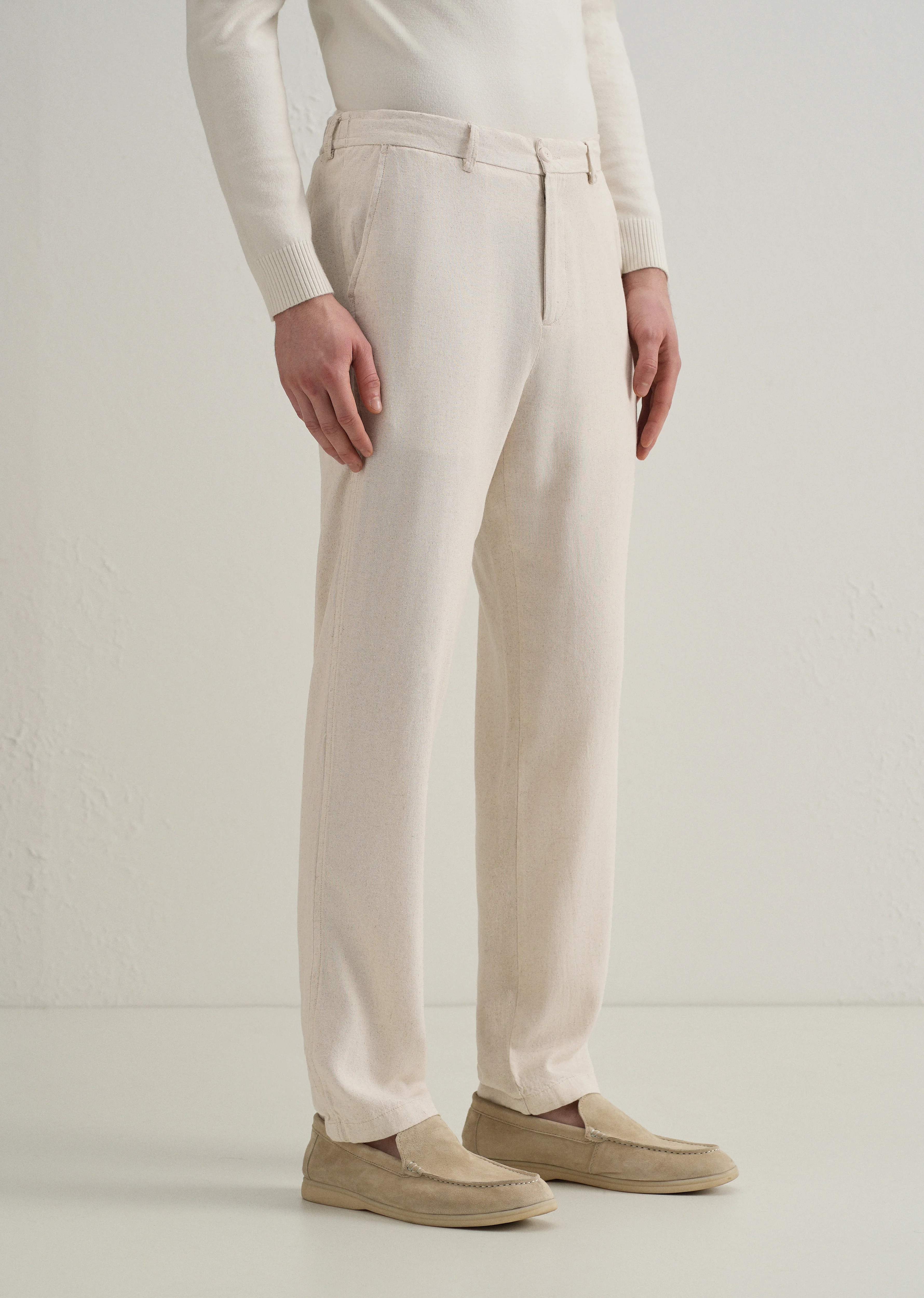 Beige Relaxed Fit Blended Linen Trouser - Image 3
