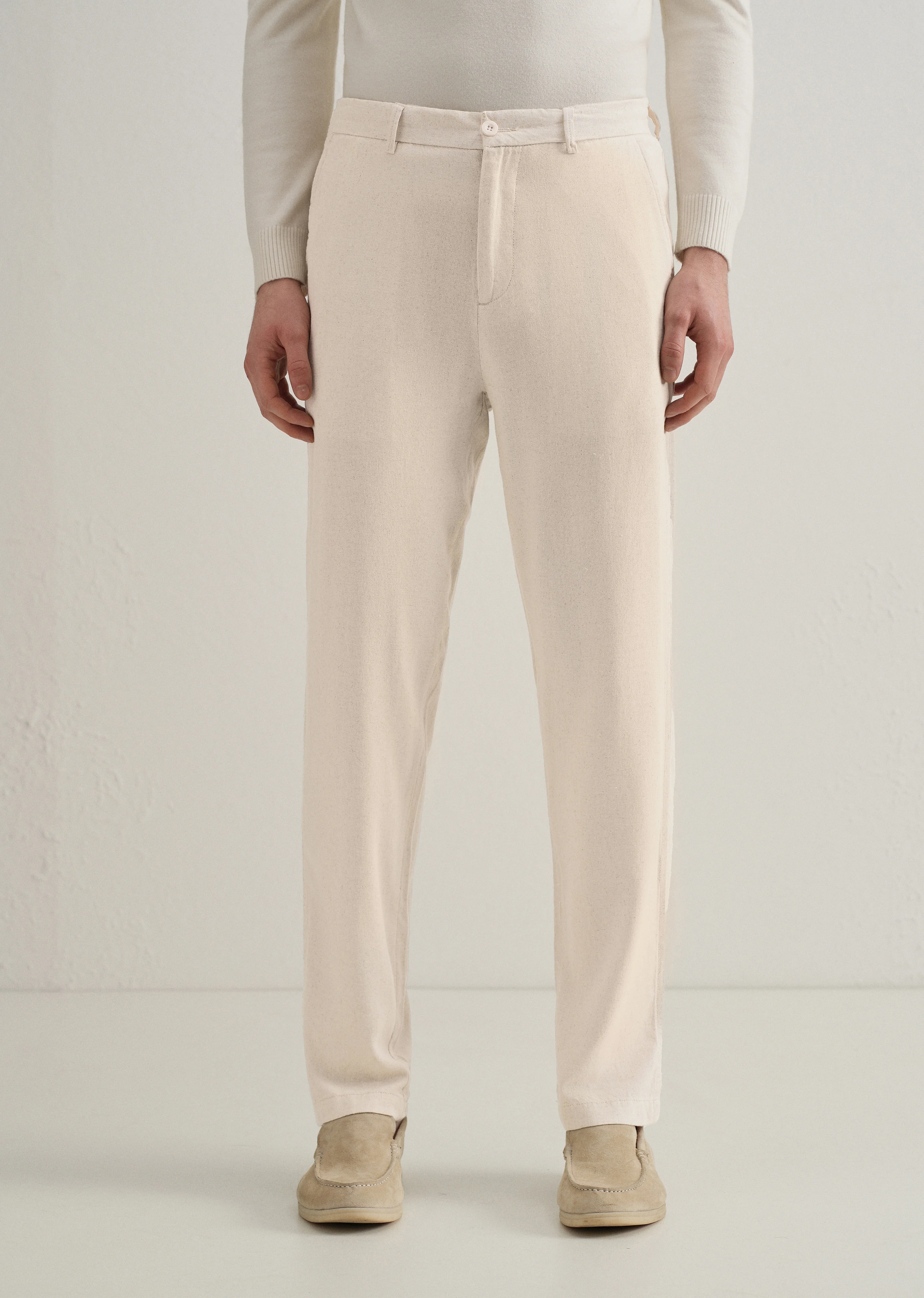 Beige Relaxed Fit Blended Linen Trouser - Image 4