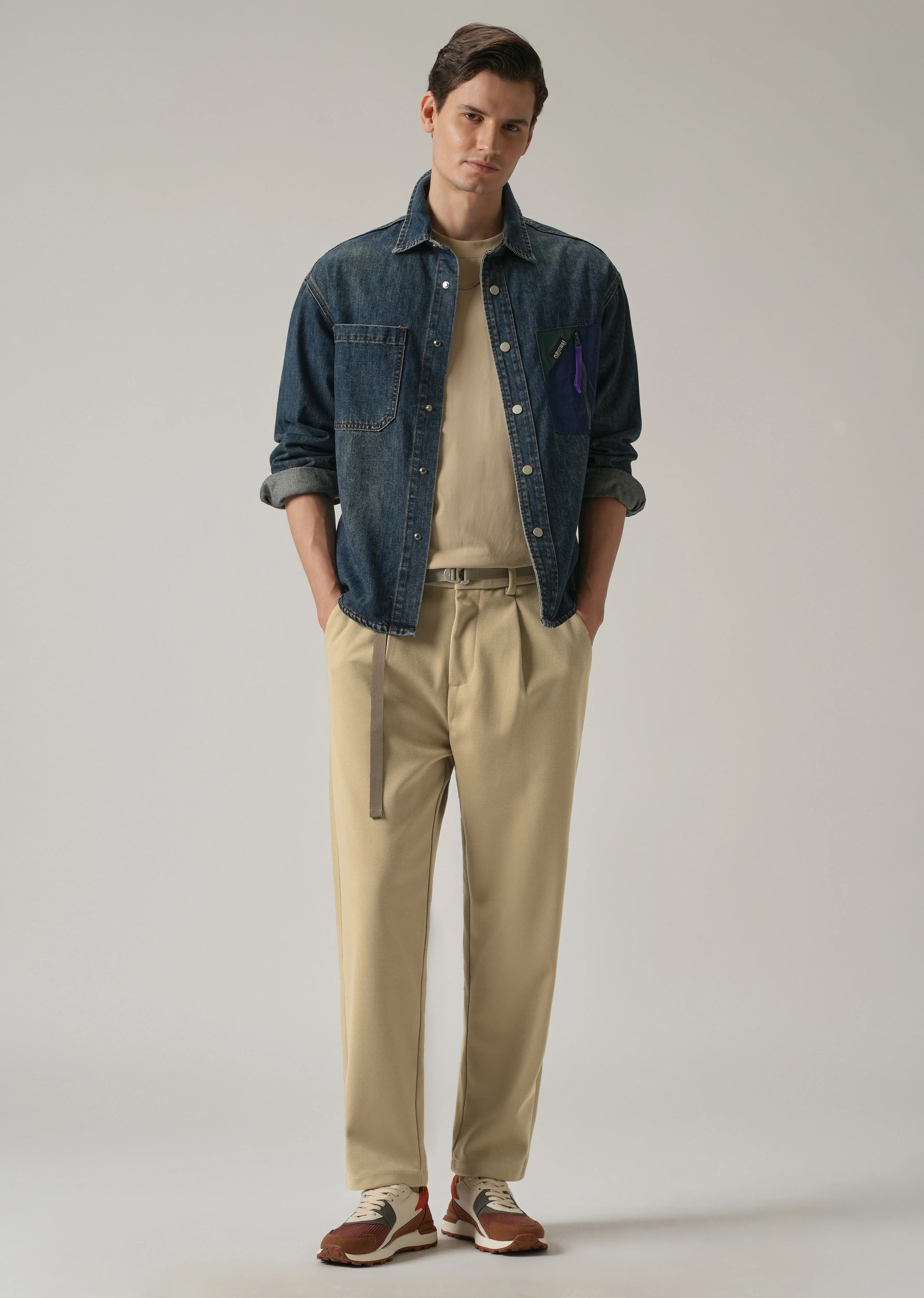 Beige Relaxed Fit Textured Pleated Pant - Image 6