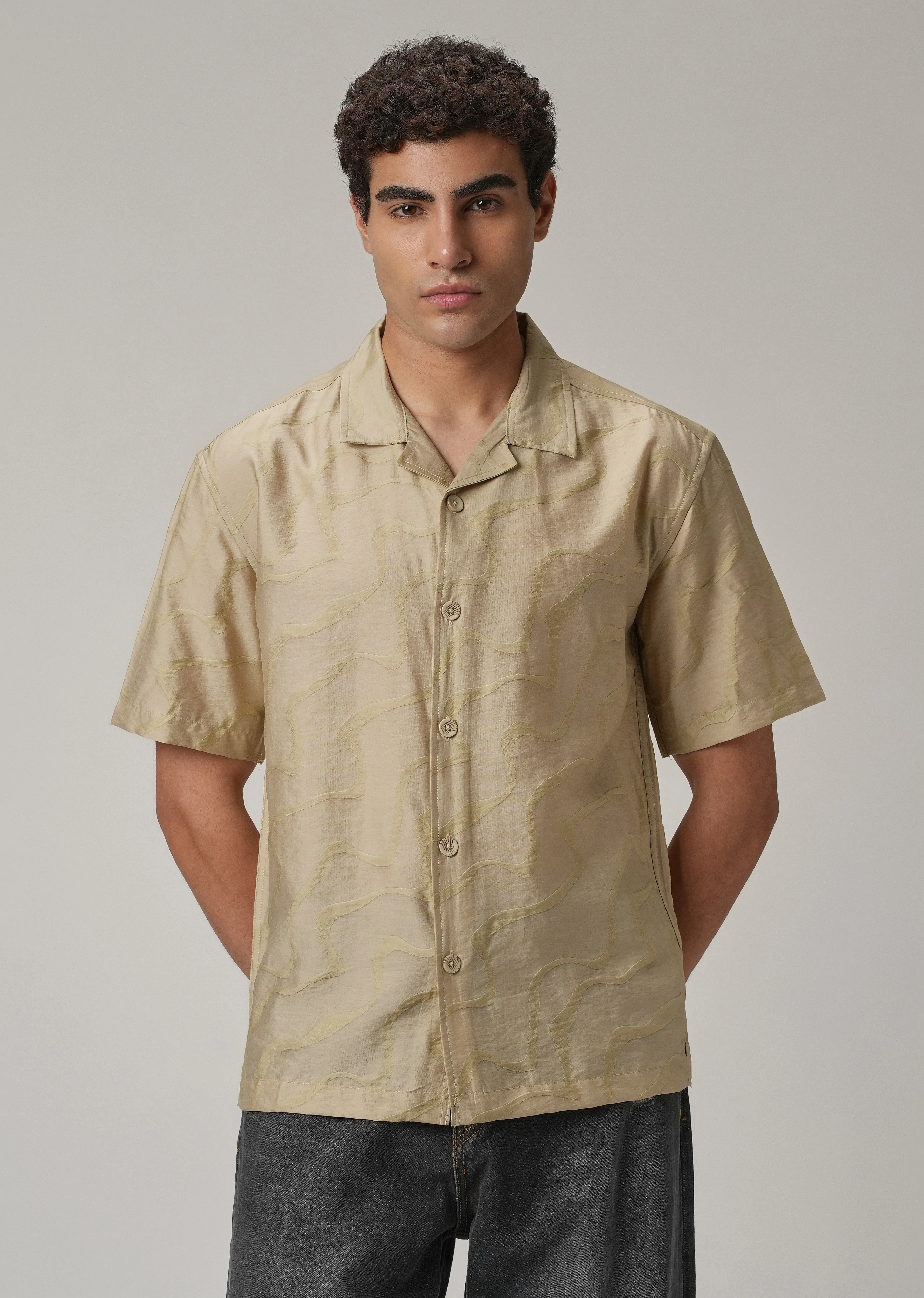 Beige Self Pattern Shirt - Image 3