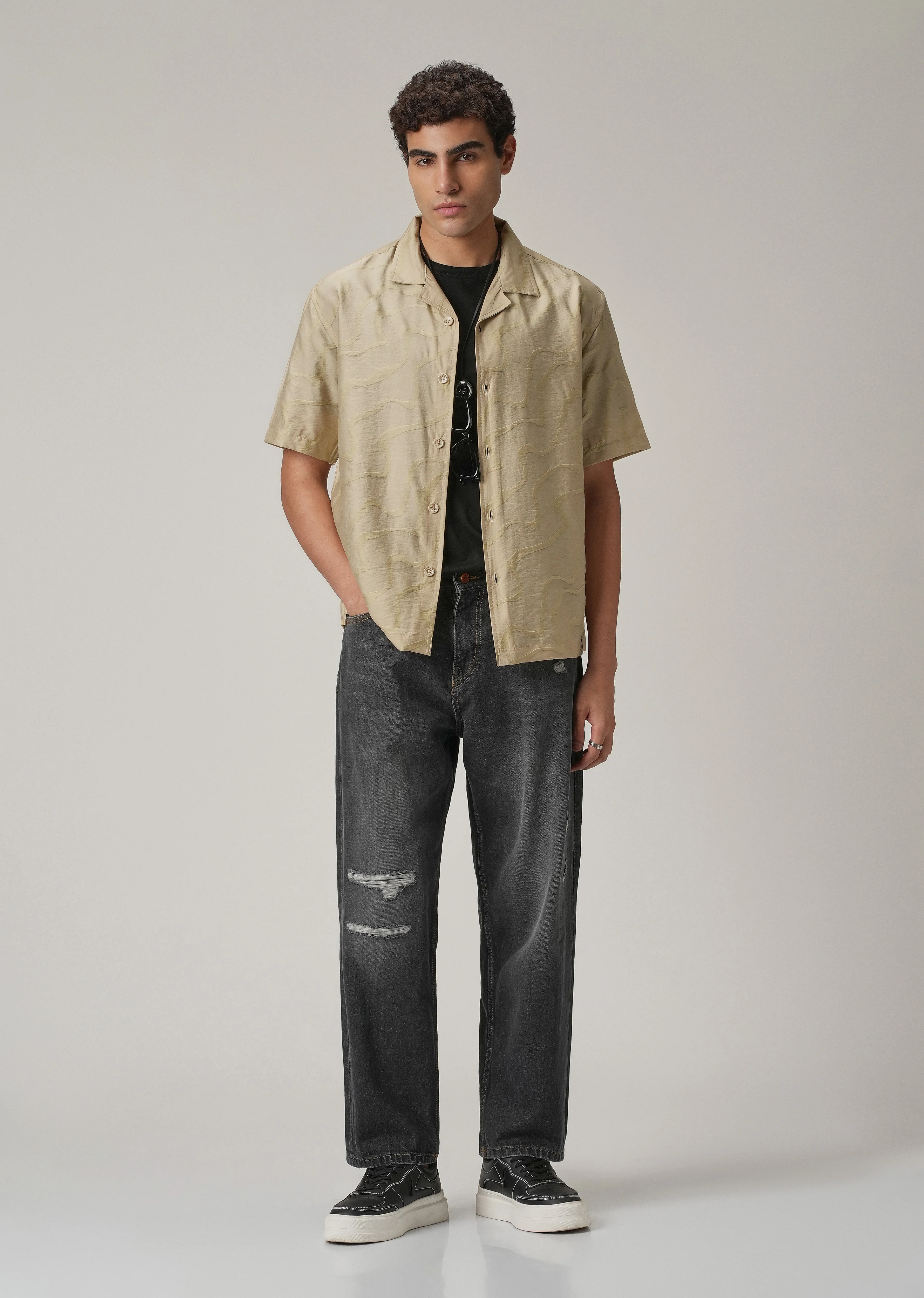 Beige Self Pattern Shirt - Image 6