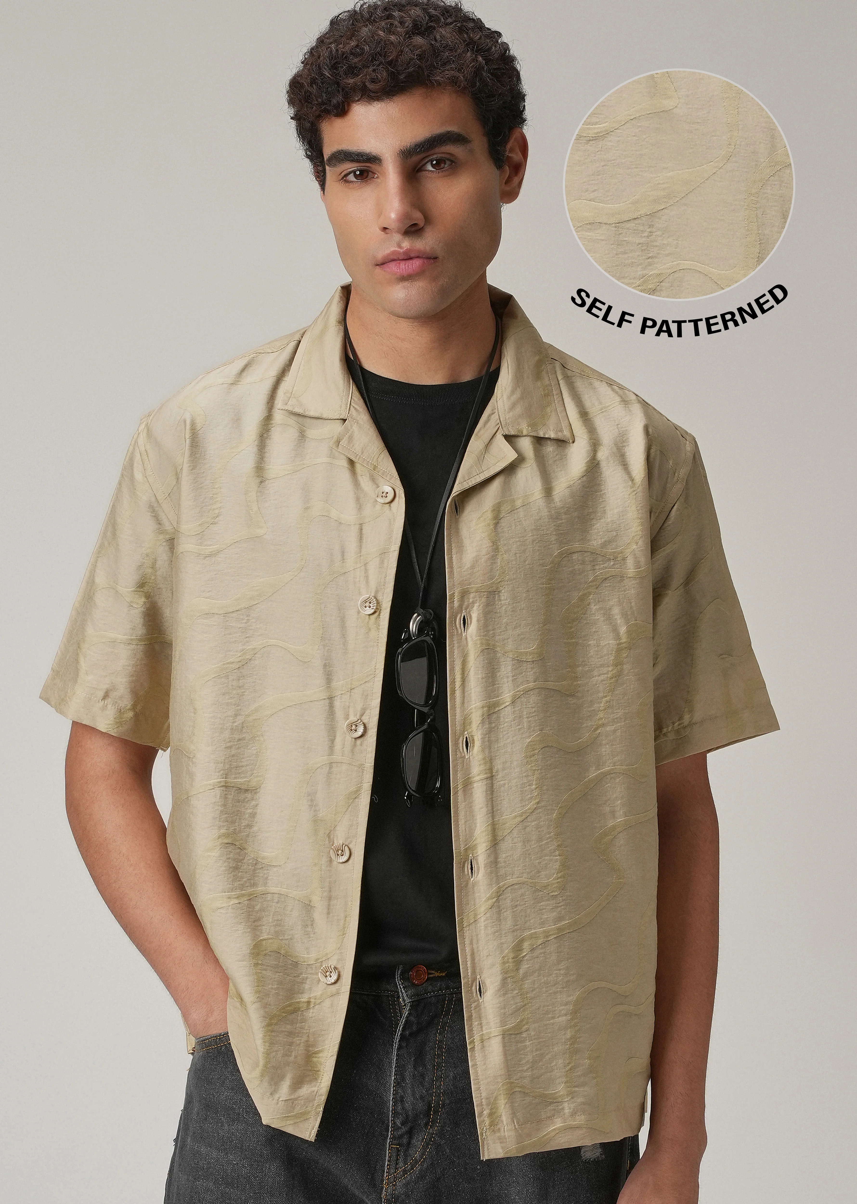 Beige Self Pattern Shirt - Image 7