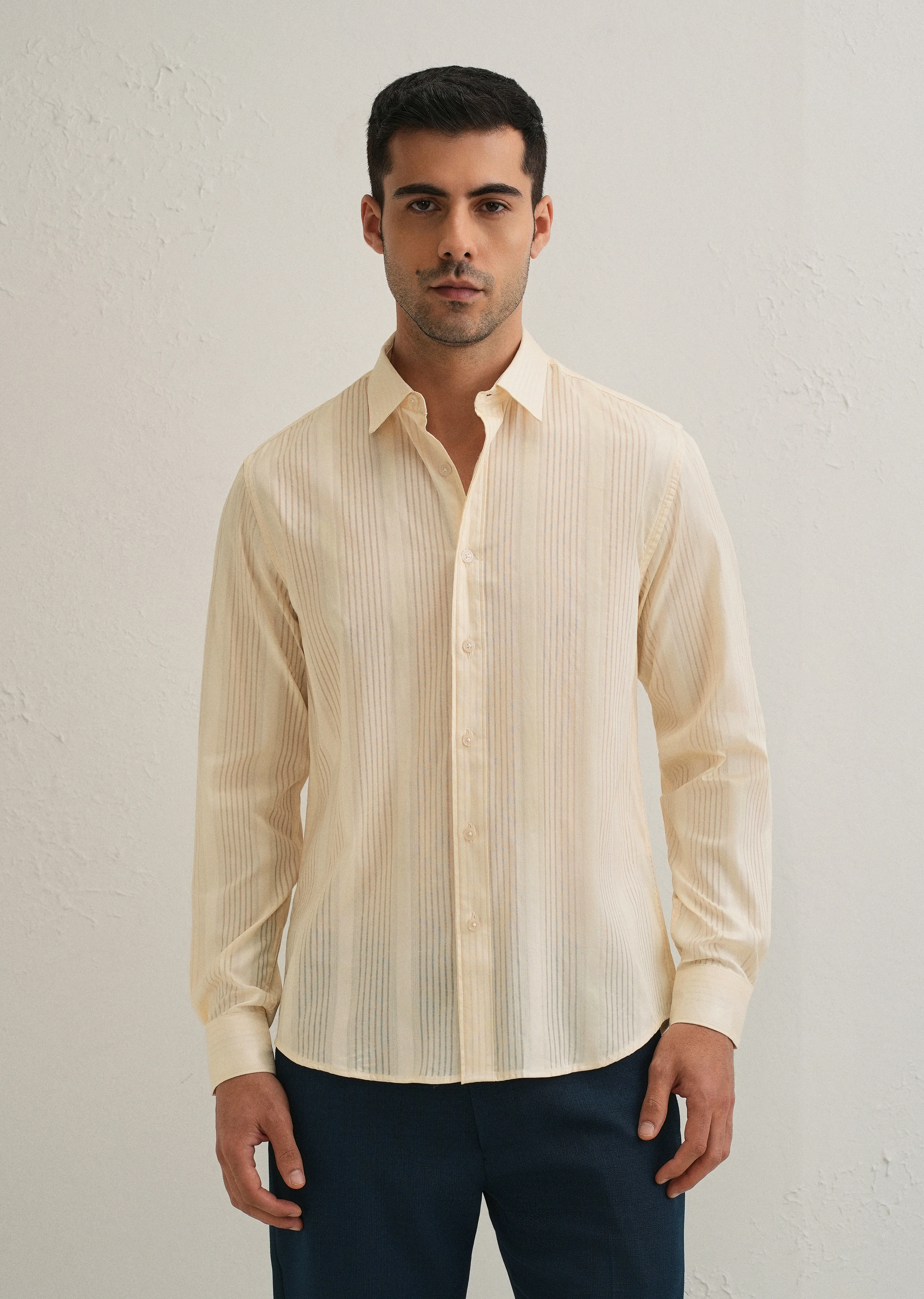 Beige Self Striped Shirt - Image 3