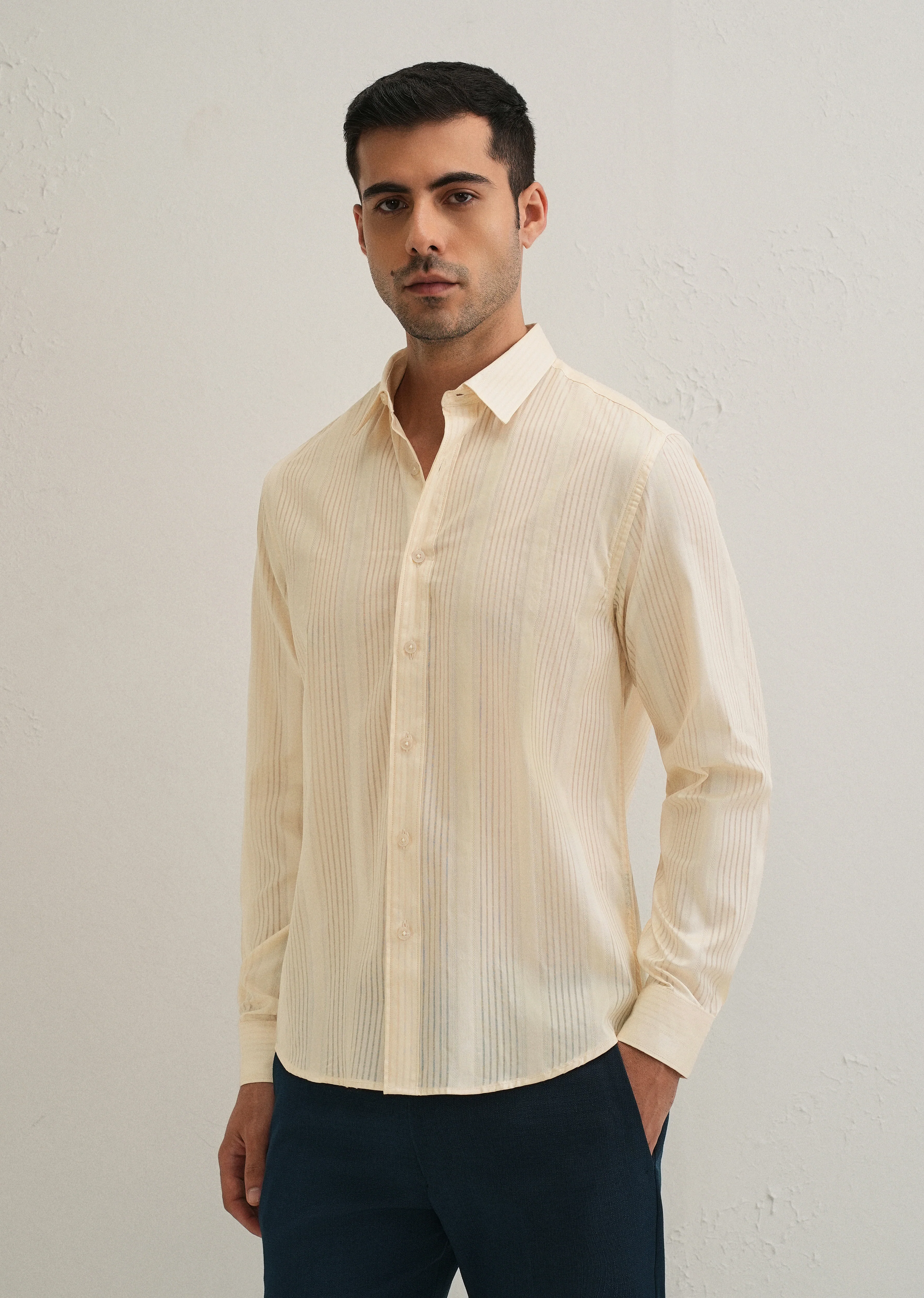 Beige Self Striped Shirt - Image 4