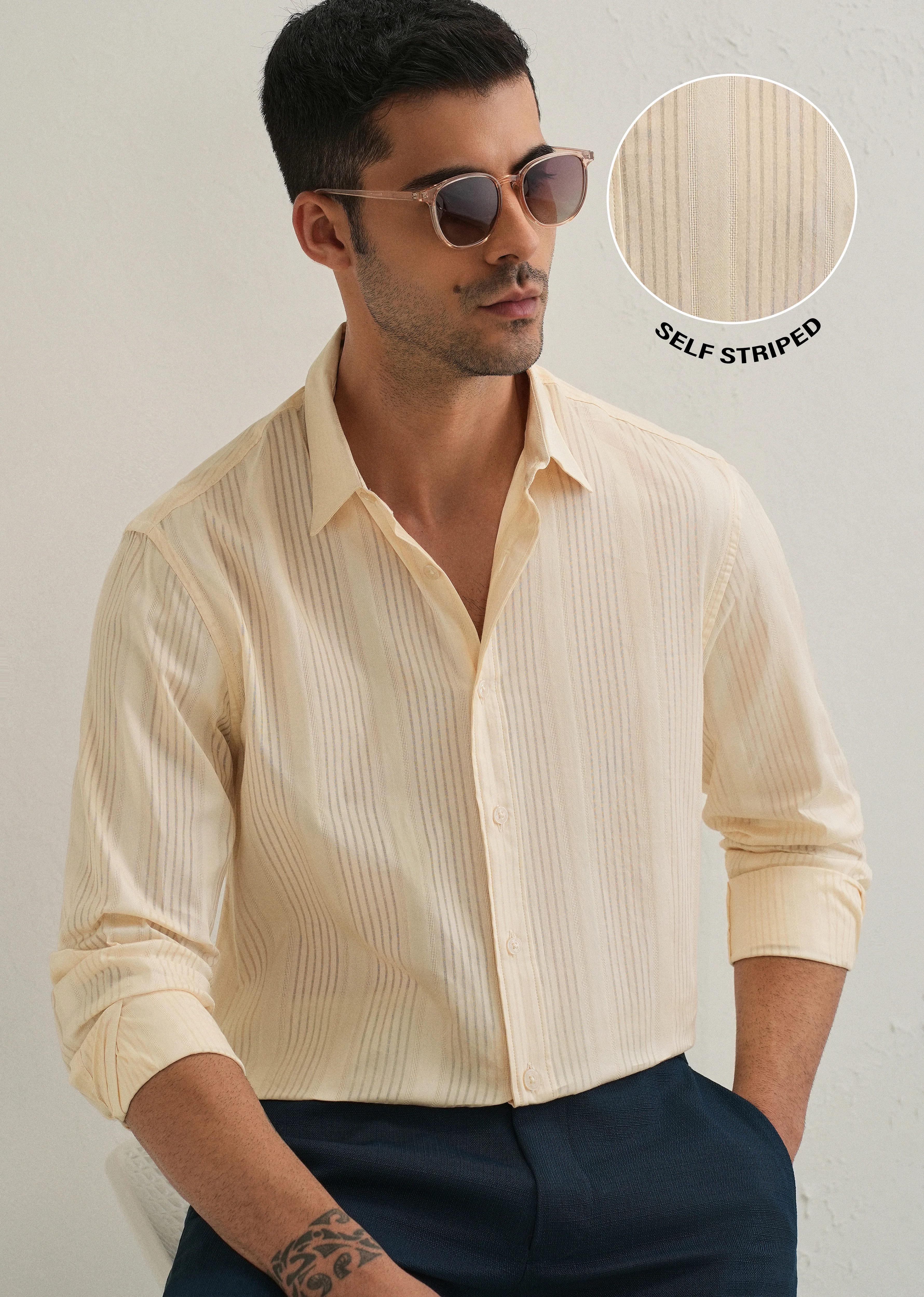 Beige Self Striped Shirt - Image 7