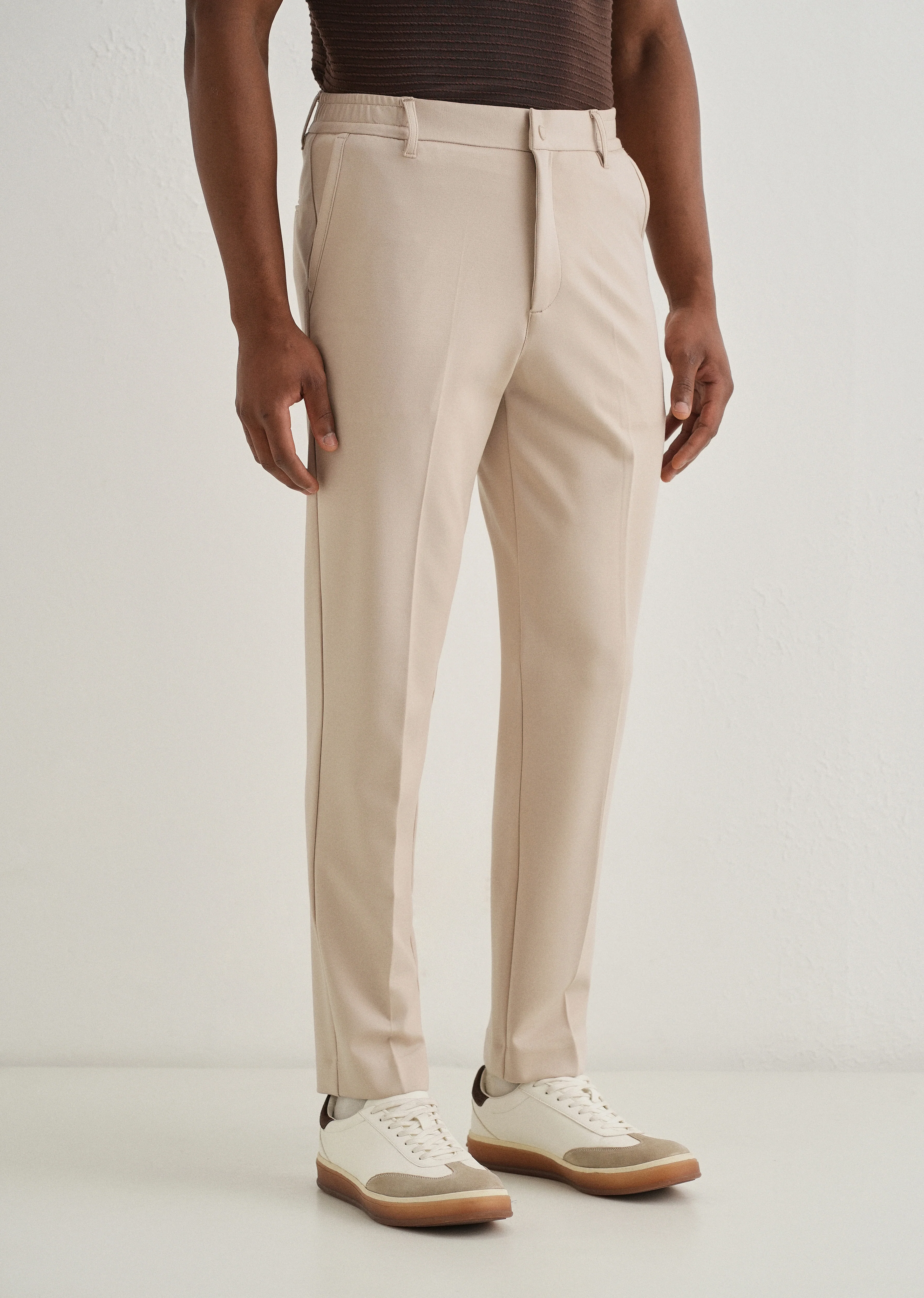 Beige Semi Elasticated Slim Fit Trouser - Image 4