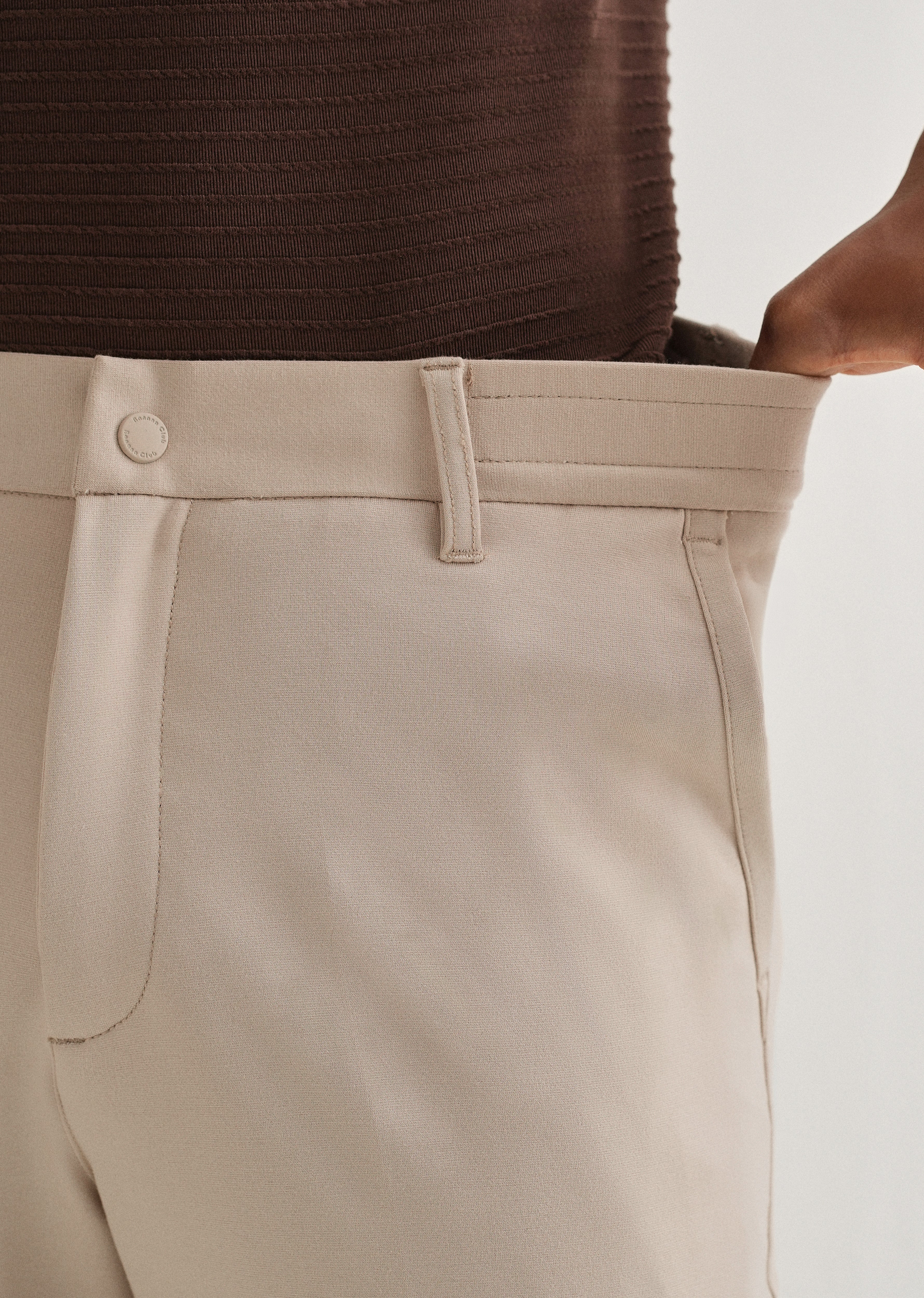 Beige Semi Elasticated Slim Fit Trouser - Image 5