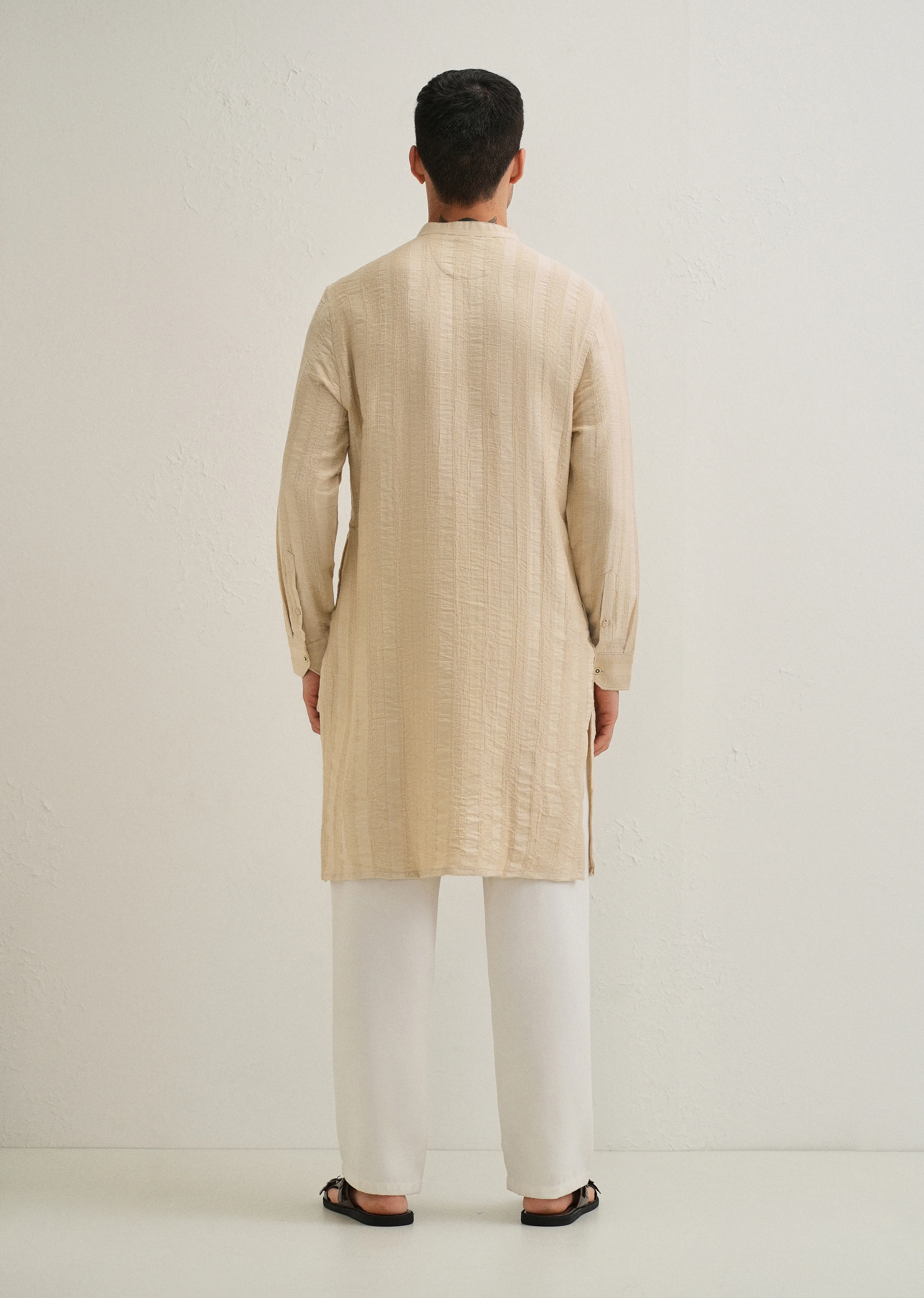Beige Textured Vertical Stripe Kurta - Image 4