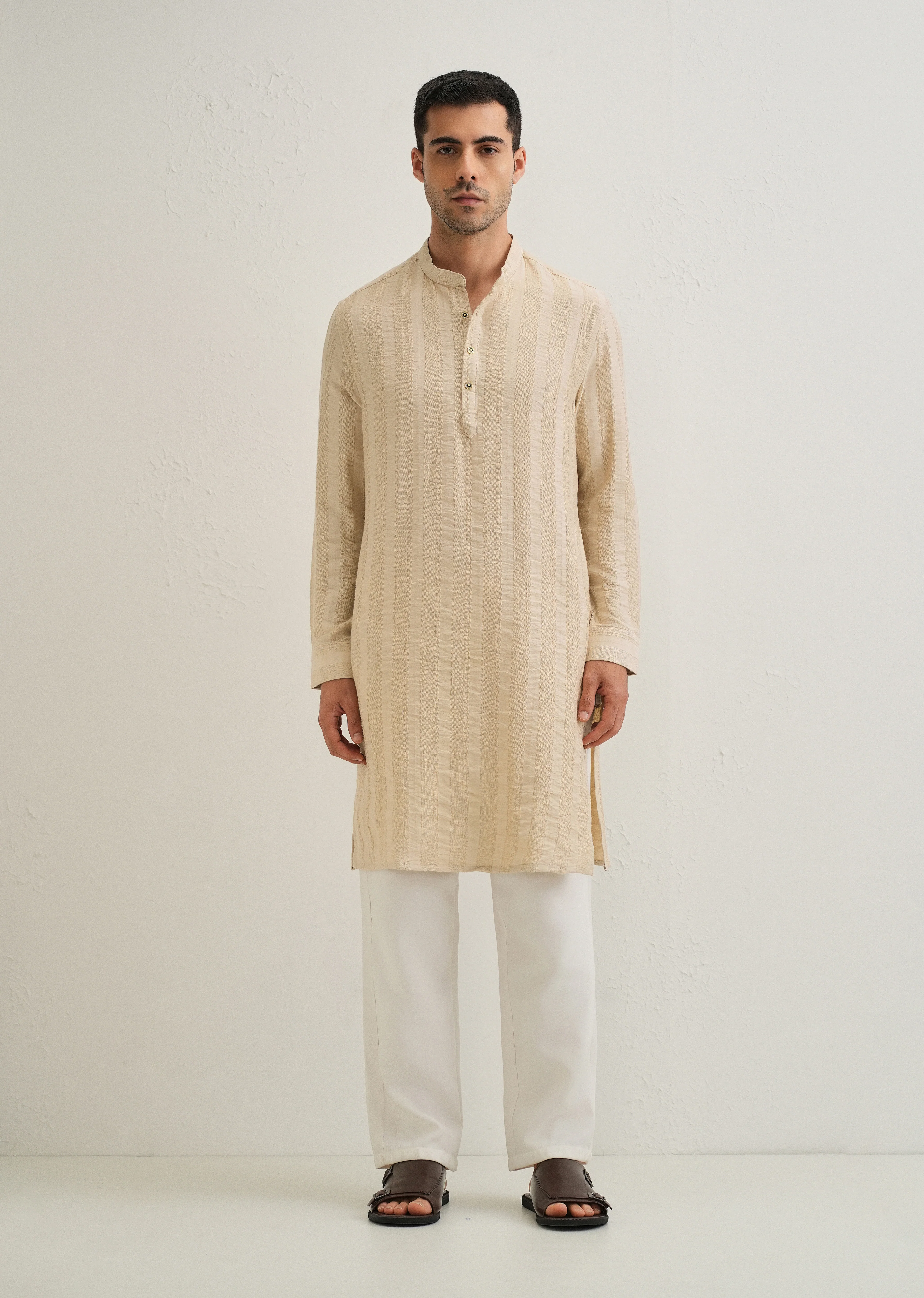 Beige Textured Vertical Stripe Kurta - Image 5
