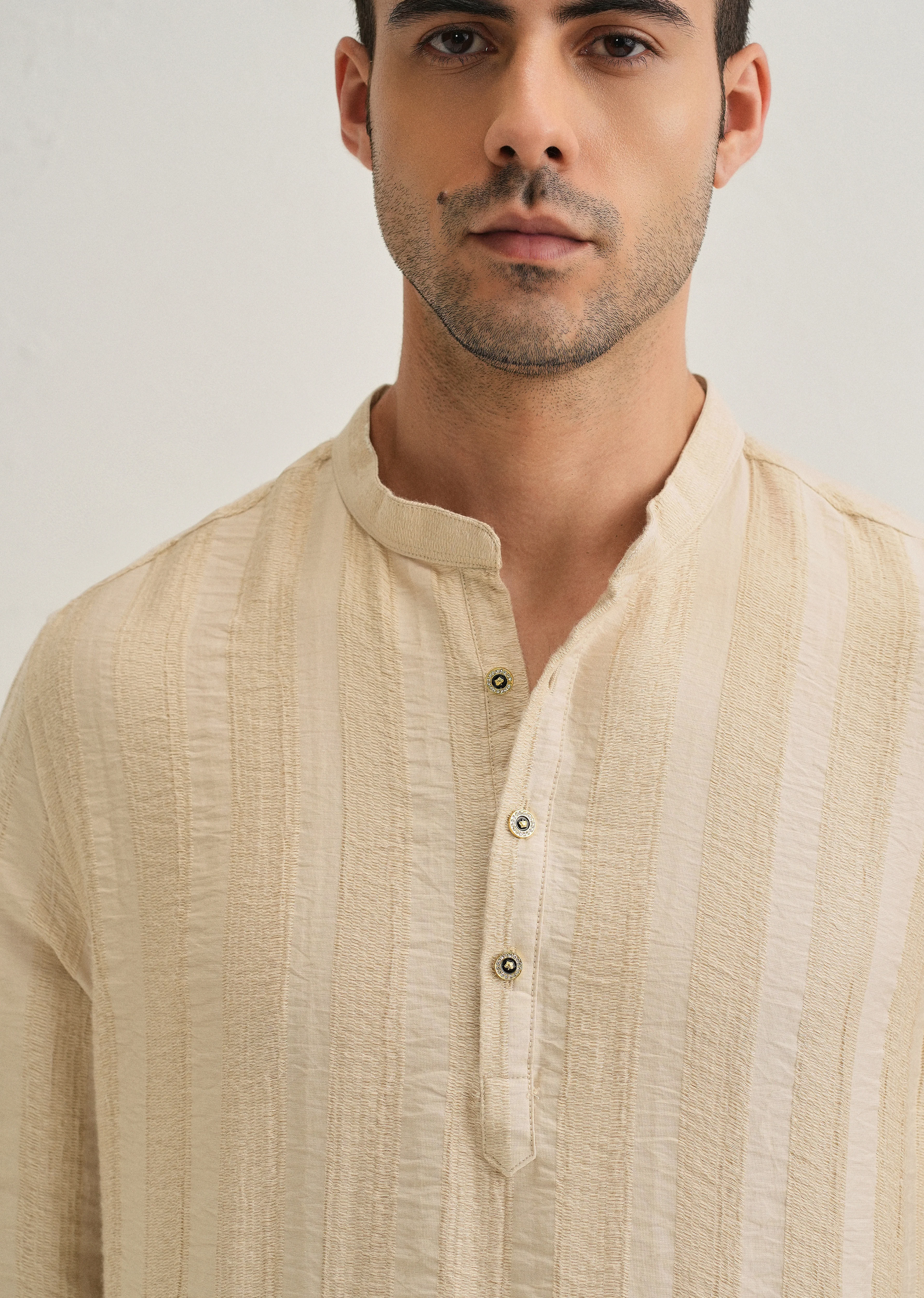 Beige Textured Vertical Stripe Kurta - Image 6