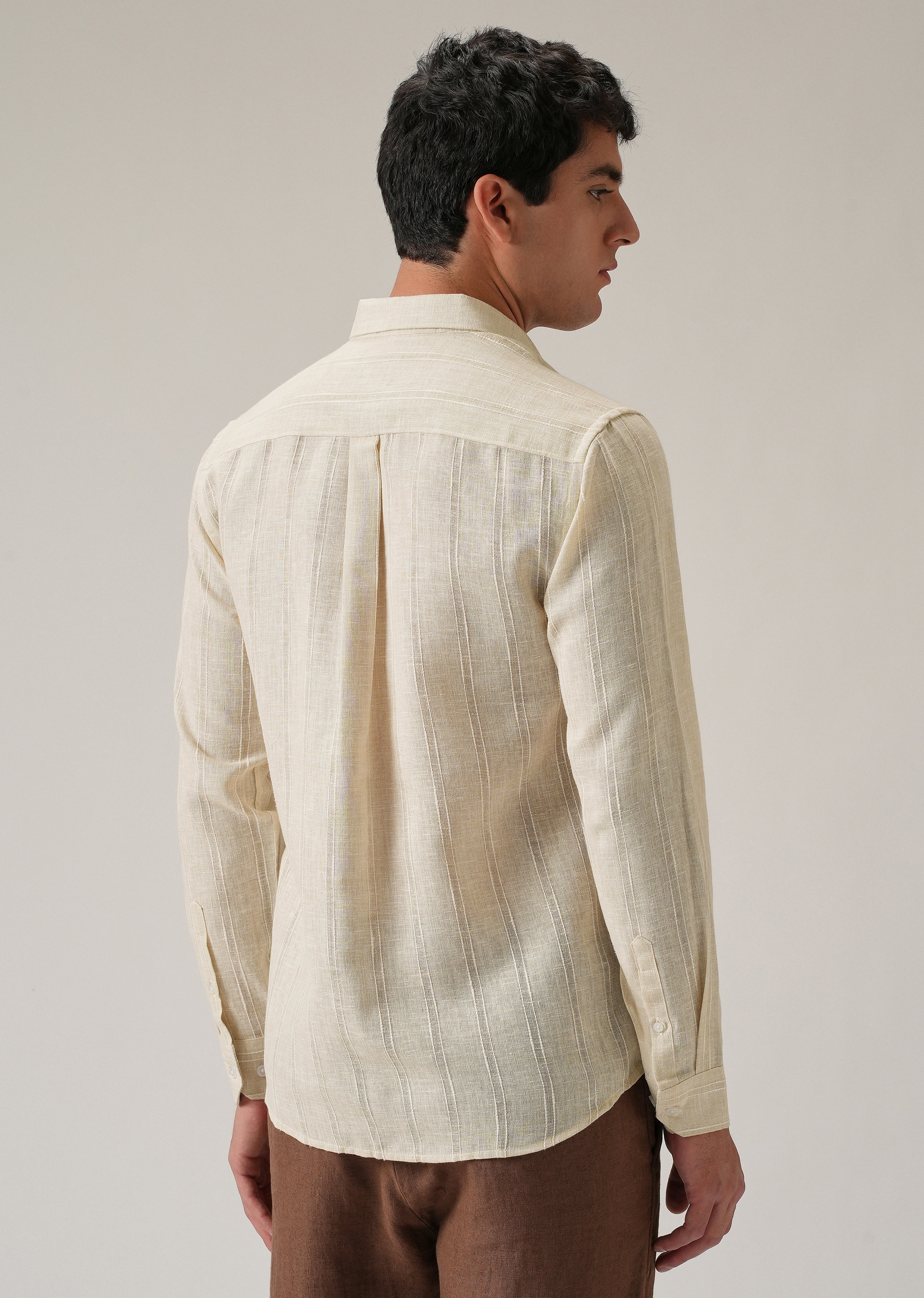Beige Stripe Blended Linen Shirt - Image 2