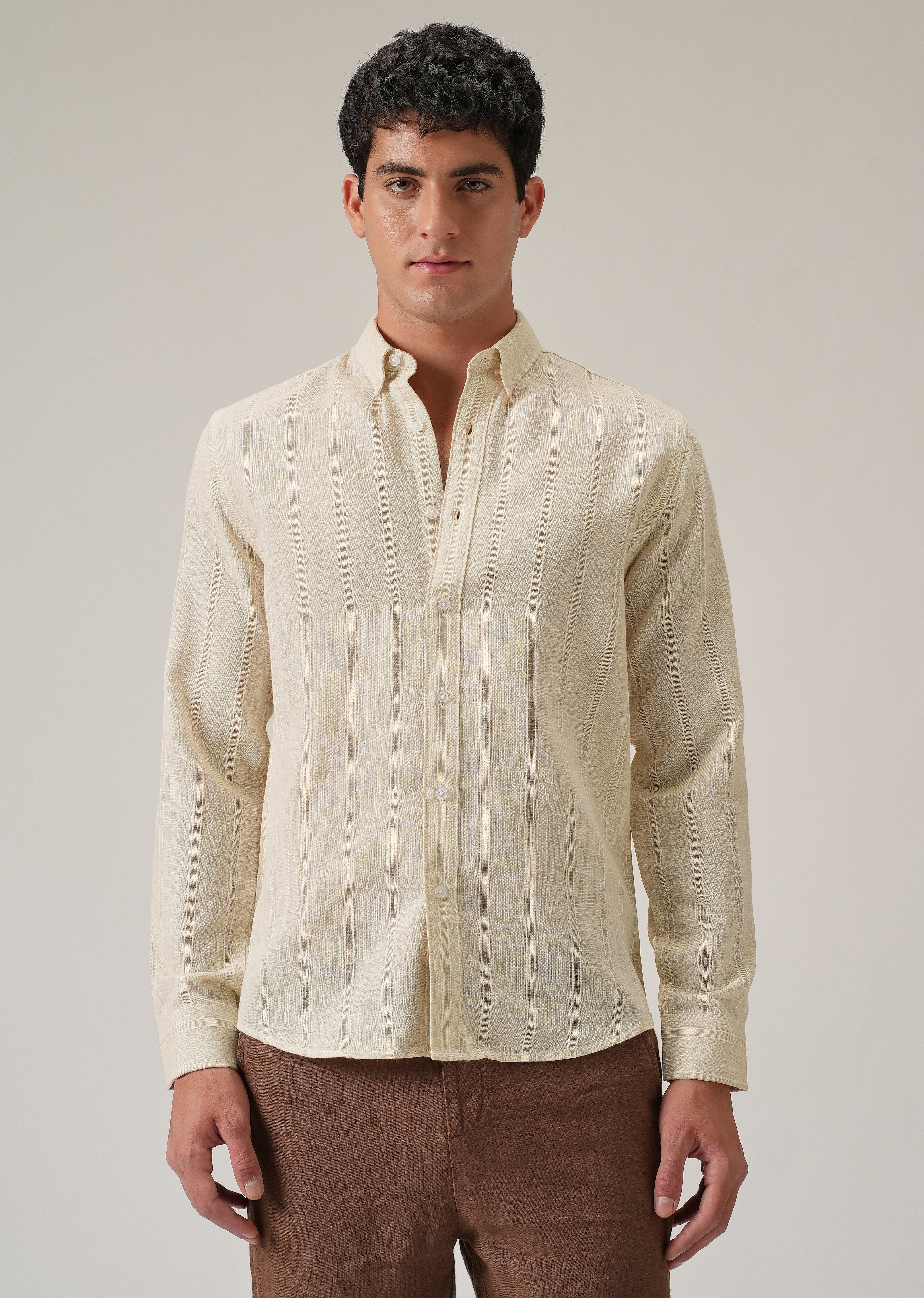 Beige Stripe Blended Linen Shirt - Image 3