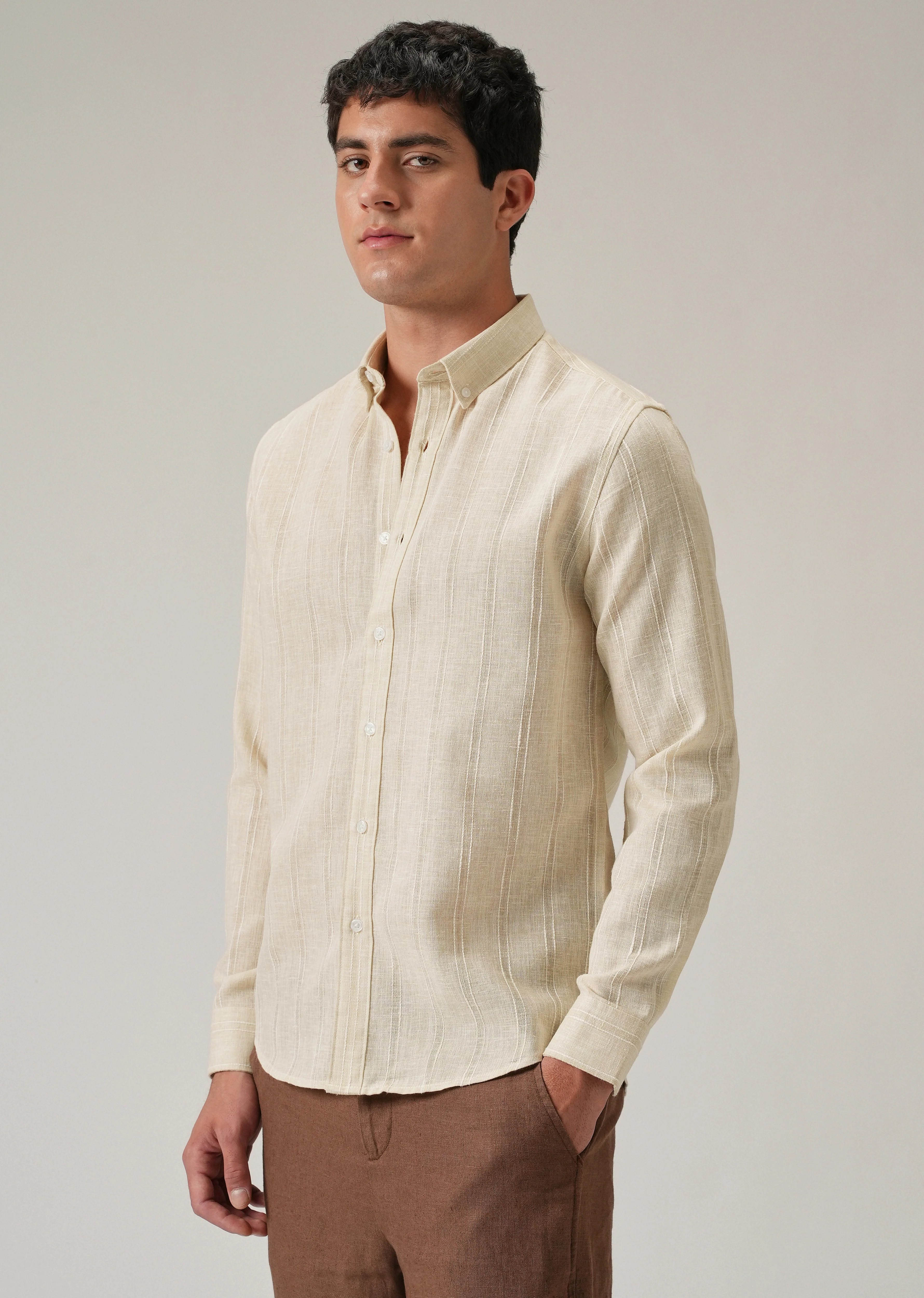 Beige Stripe Blended Linen Shirt - Image 4