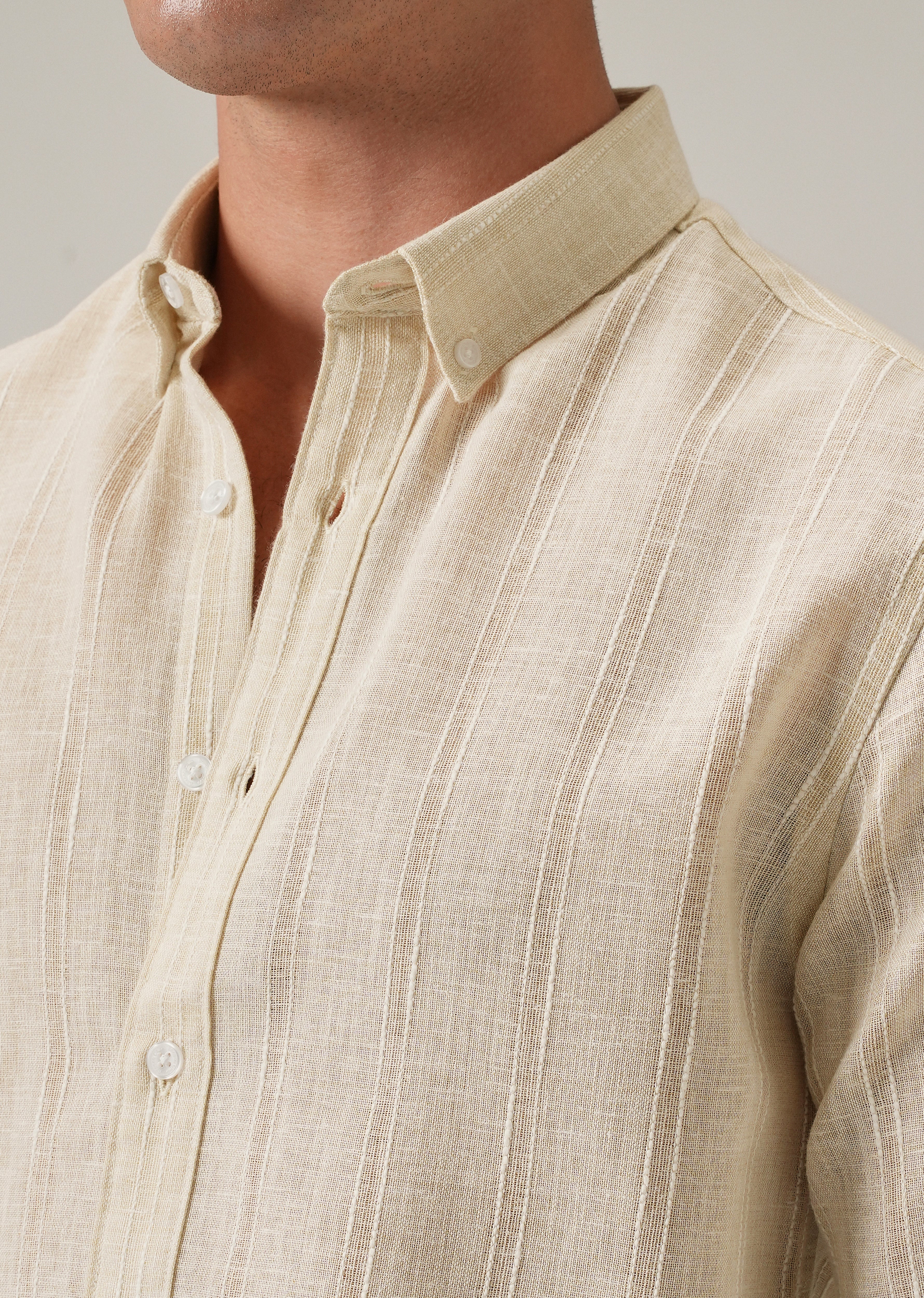 Beige Stripe Blended Linen Shirt - Image 5