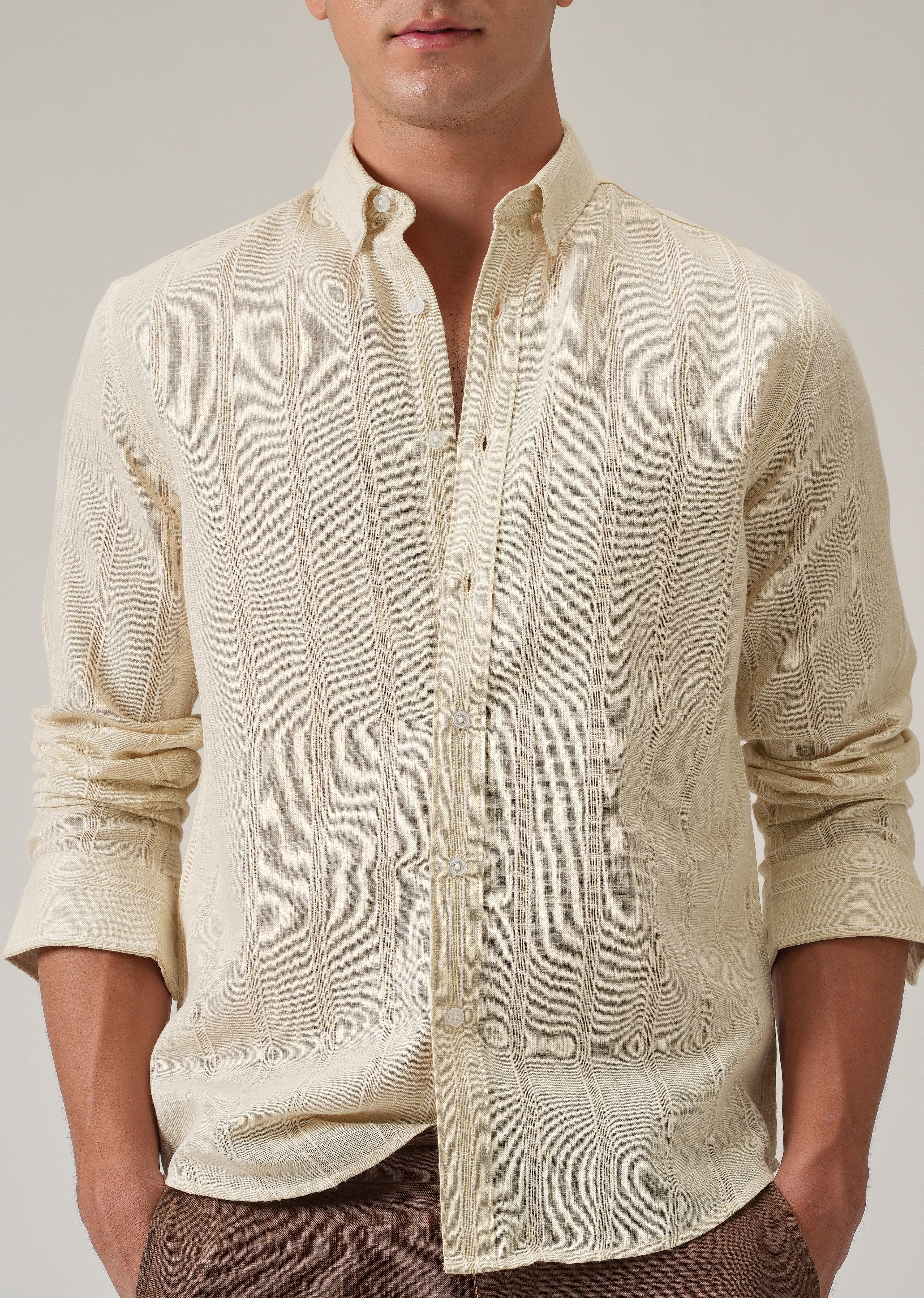 Beige Stripe Blended Linen Shirt - Image 7