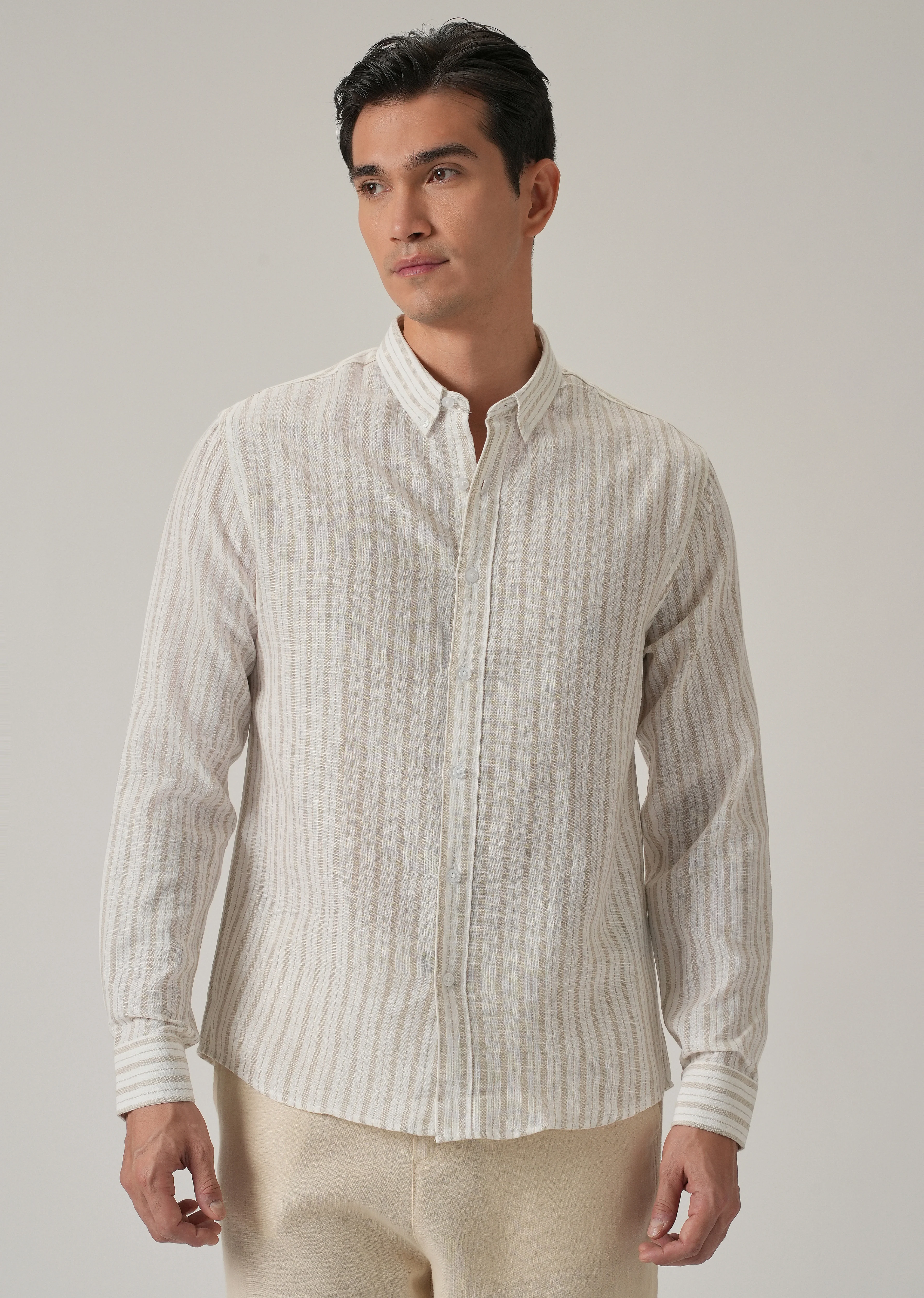 Beige Stripe Linen Shirt - Image 3