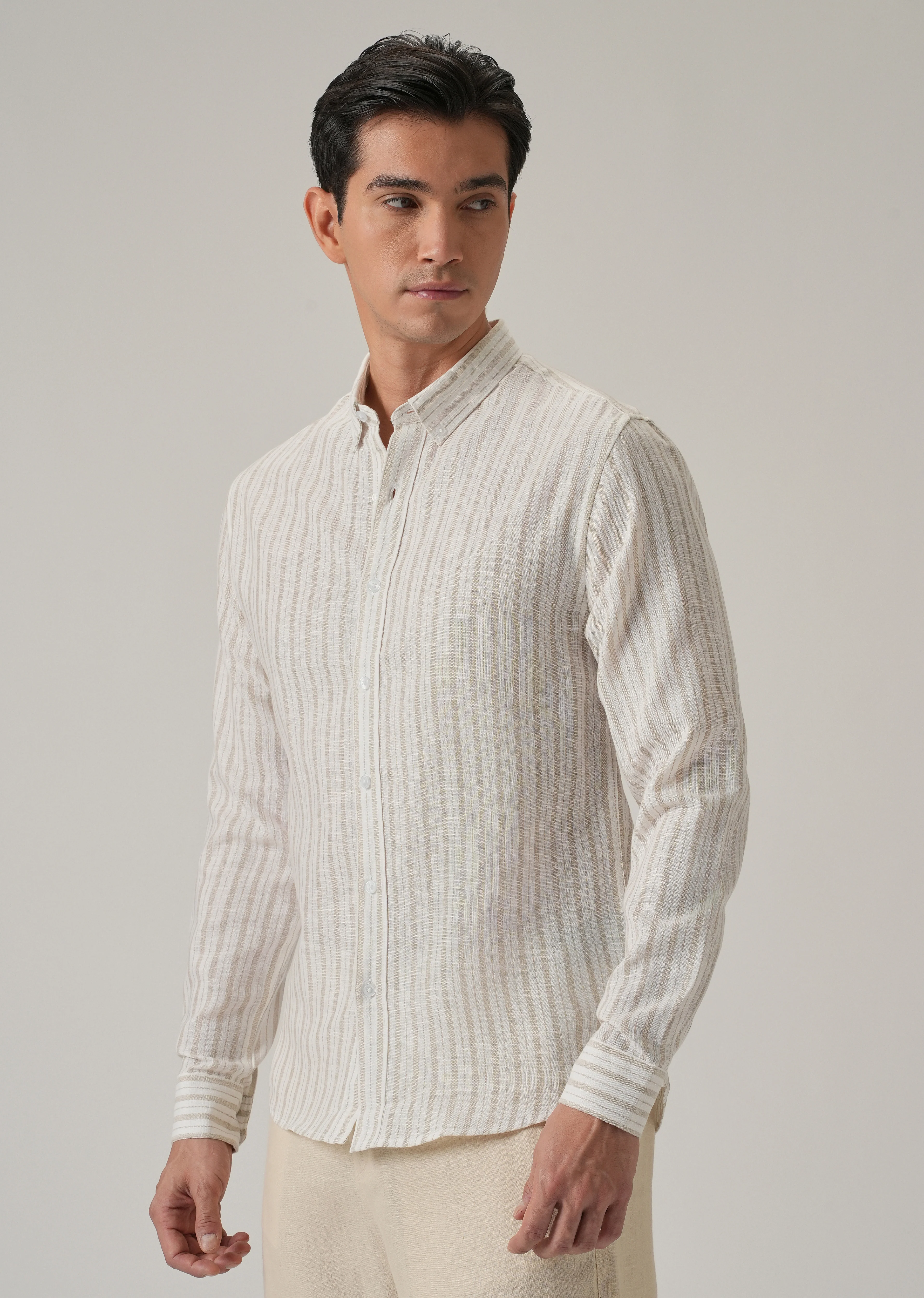 Beige Stripe Linen Shirt - Image 4