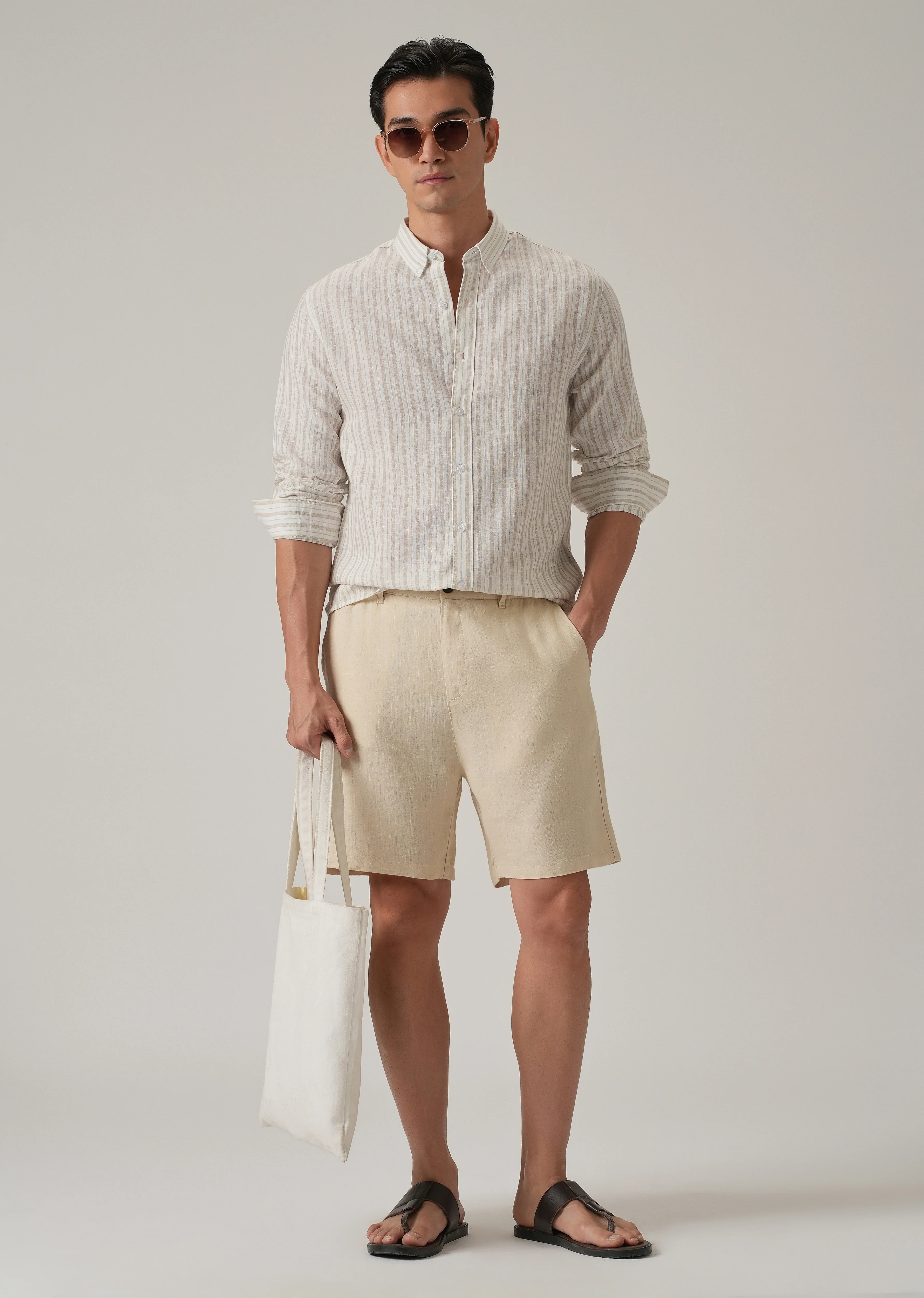 Beige Stripe Linen Shirt - Image 6