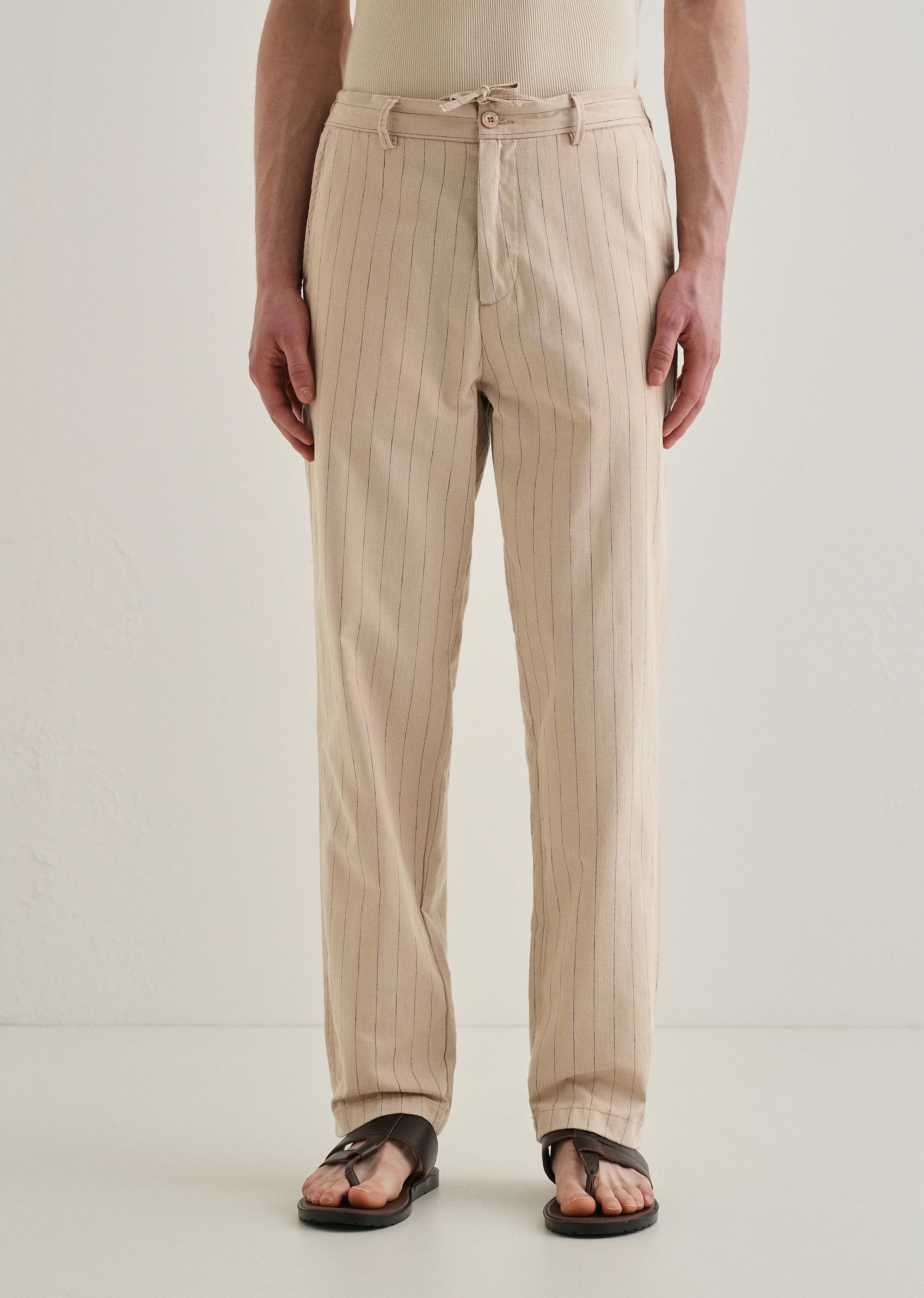 Beige Stripe Relaxed Linen Trouser - Image 3