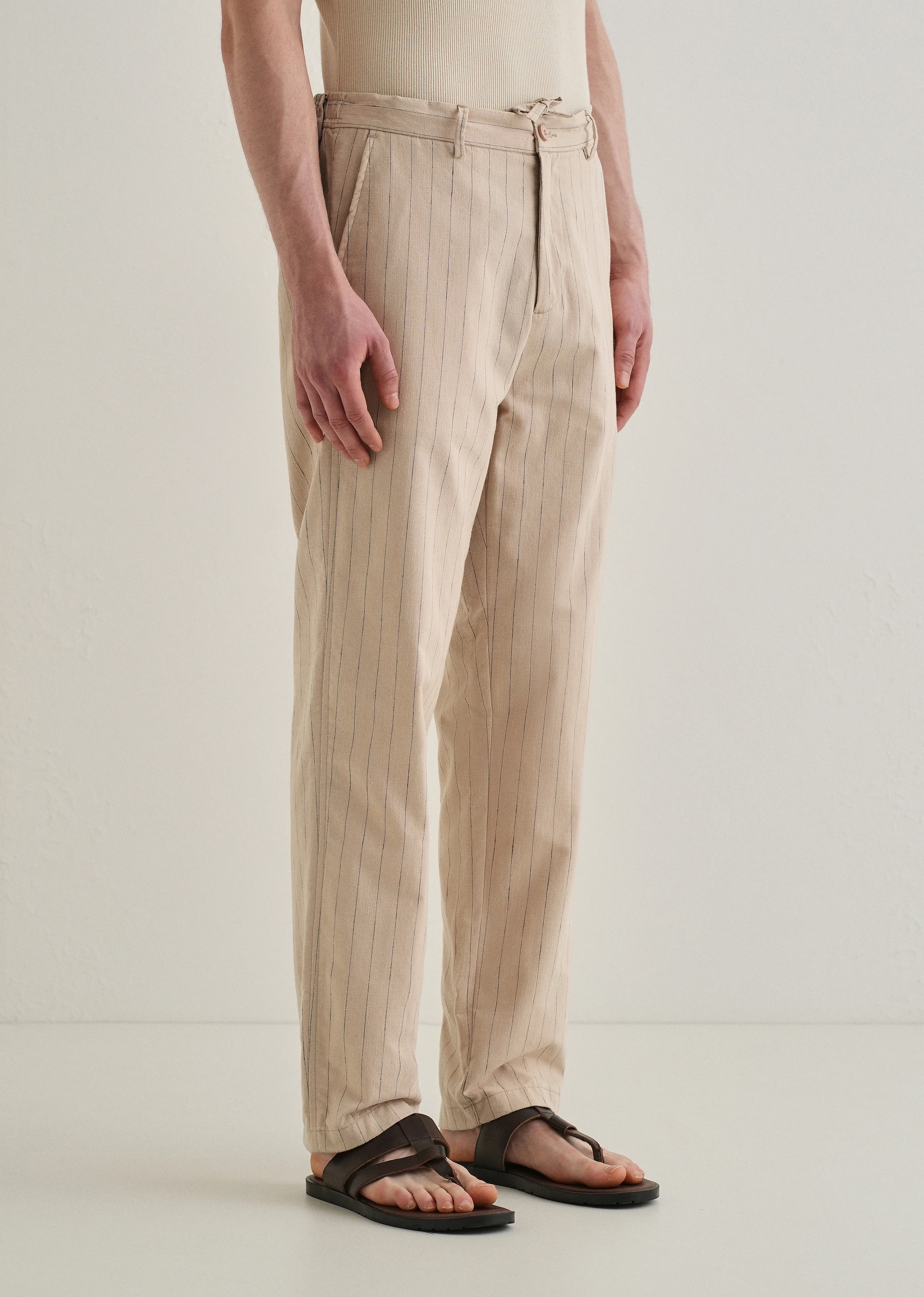 Beige Stripe Relaxed Linen Trouser - Image 4