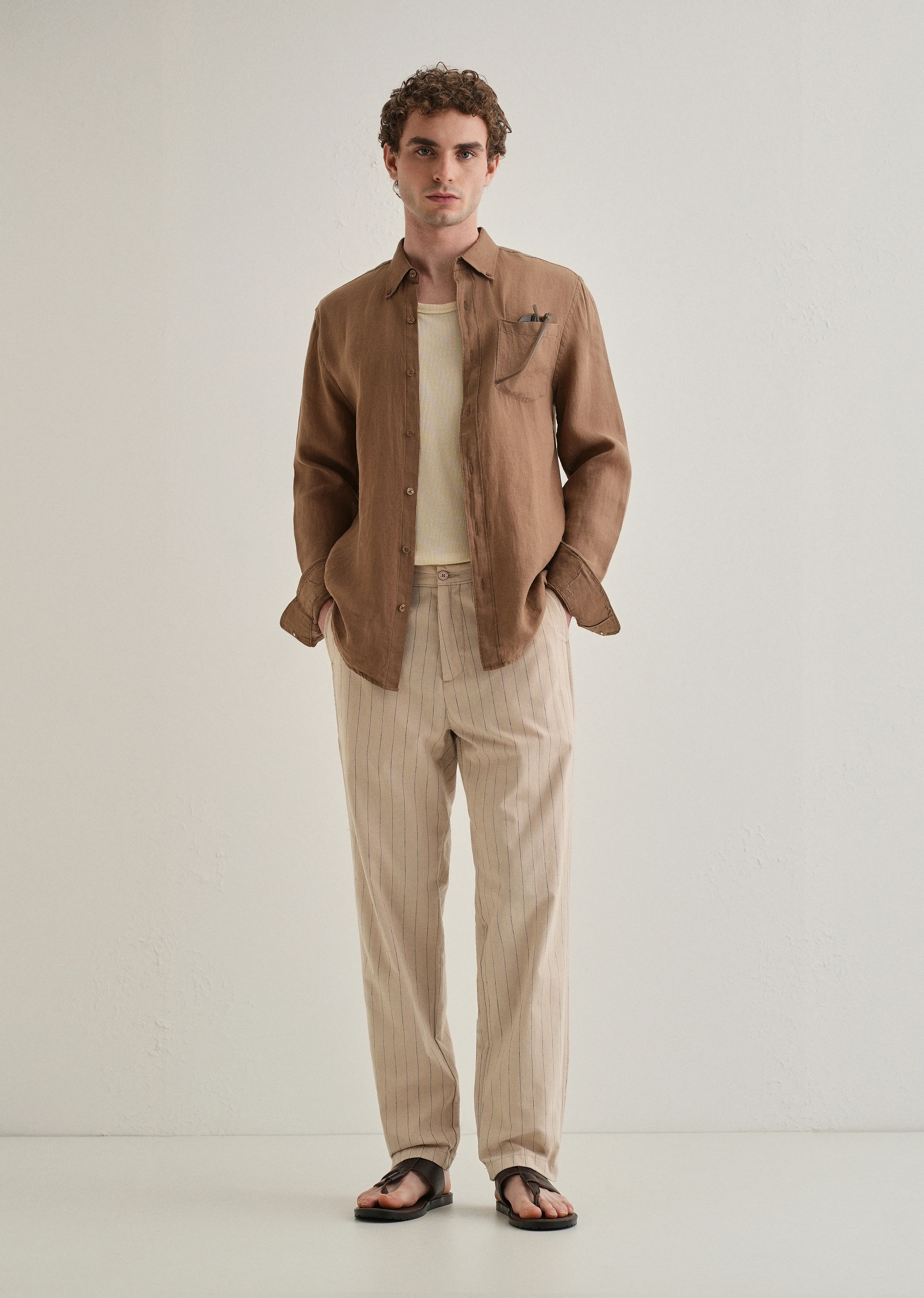 Beige Stripe Relaxed Linen Trouser - Image 6