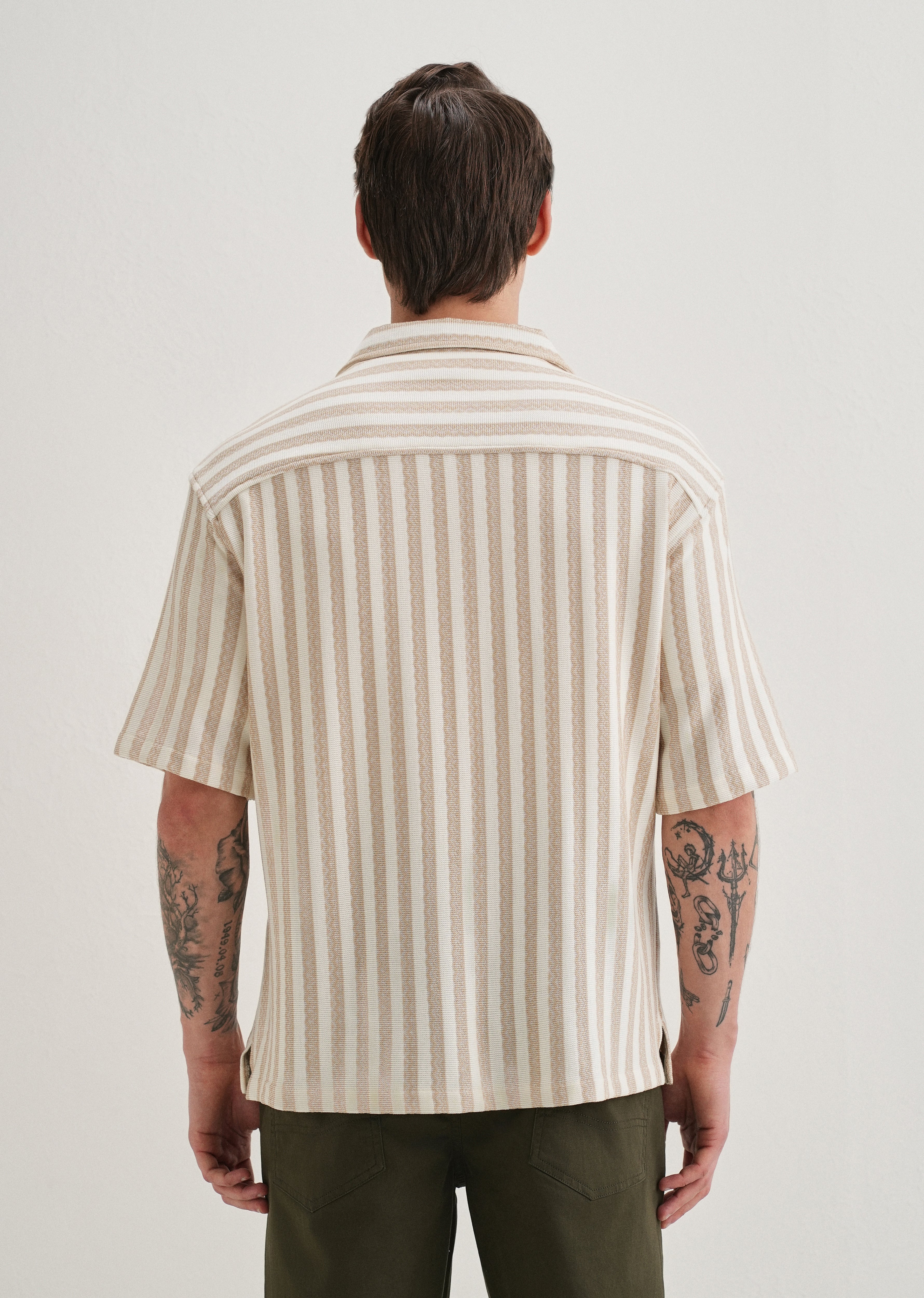 Beige Striped Knit Cuban Collar Shirt - Image 3