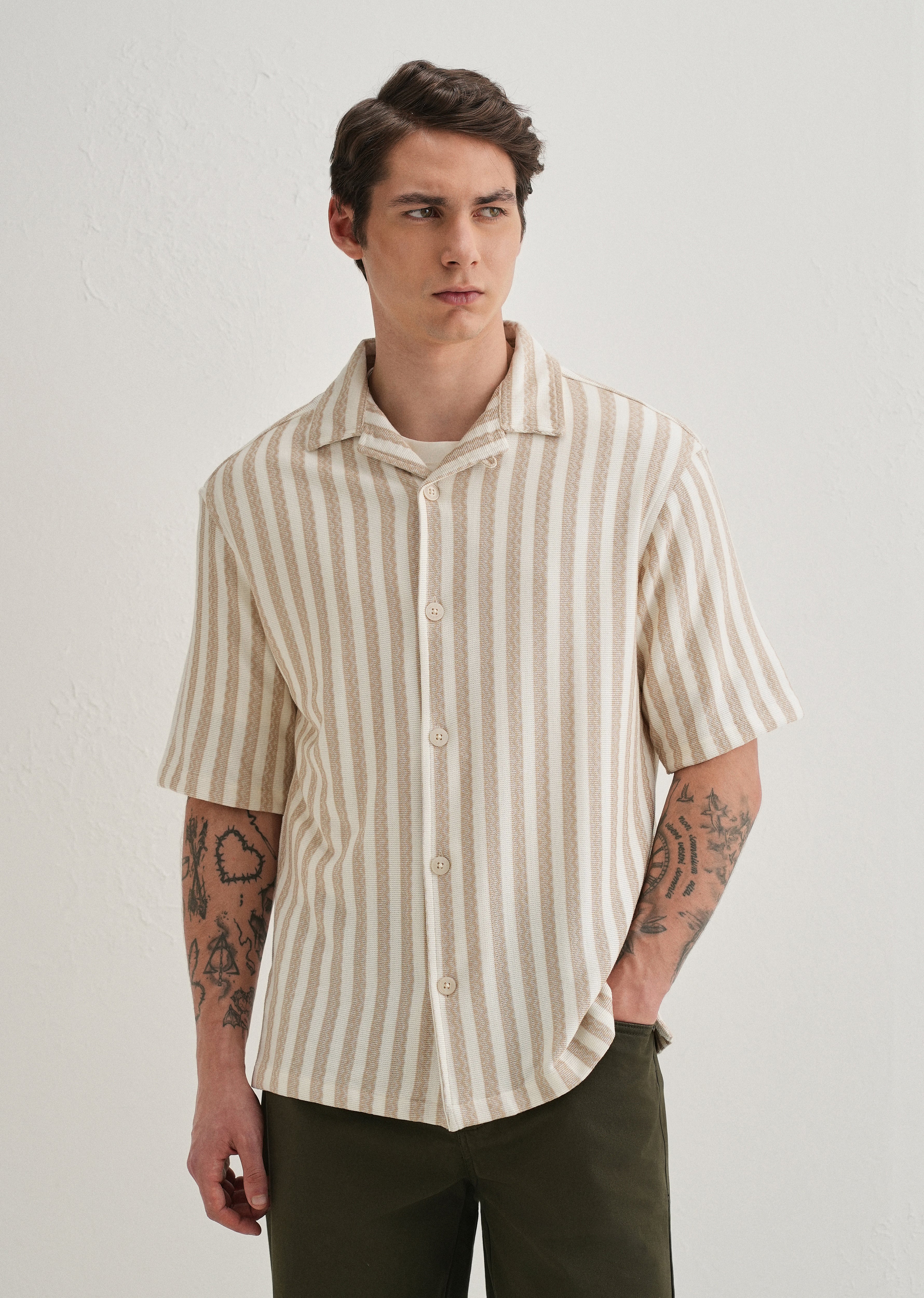 Beige Striped Knit Cuban Collar Shirt - Image 4